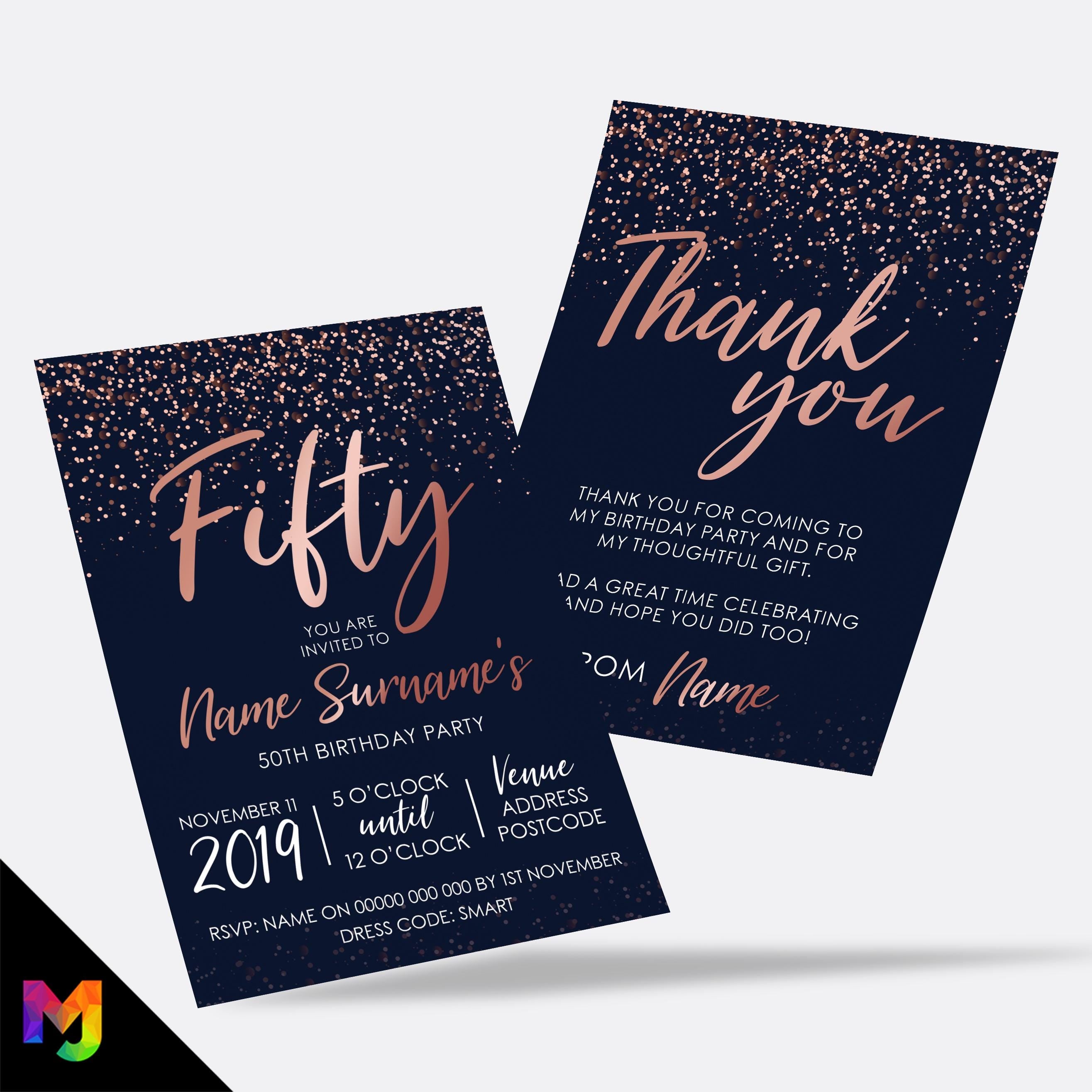 Personalised 50th birthday party Invitations Invites | Navy rose gold glitter style modern design