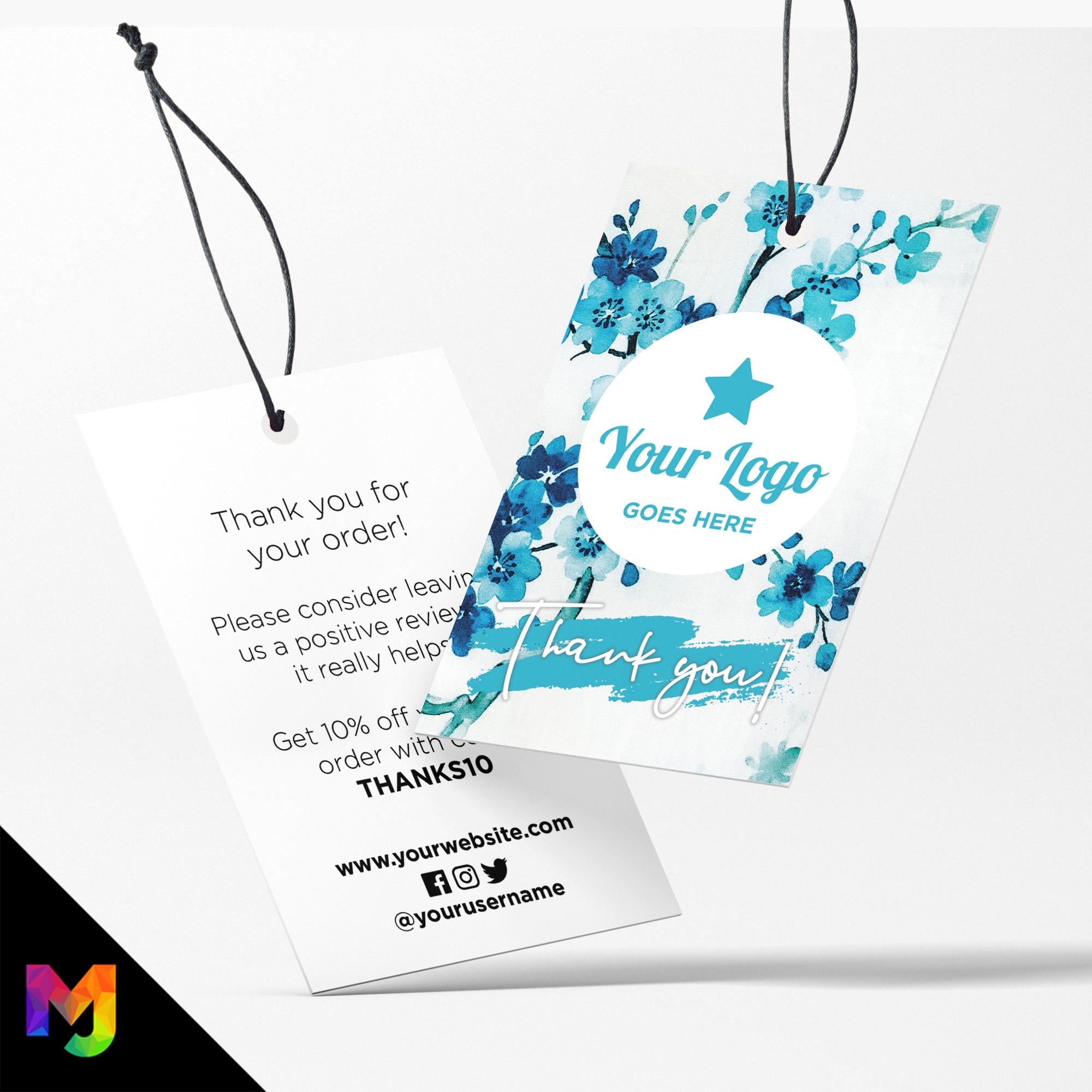 Custom printed thank you swing tags cards | Blue teal bright bouquet floral flowers feminine design