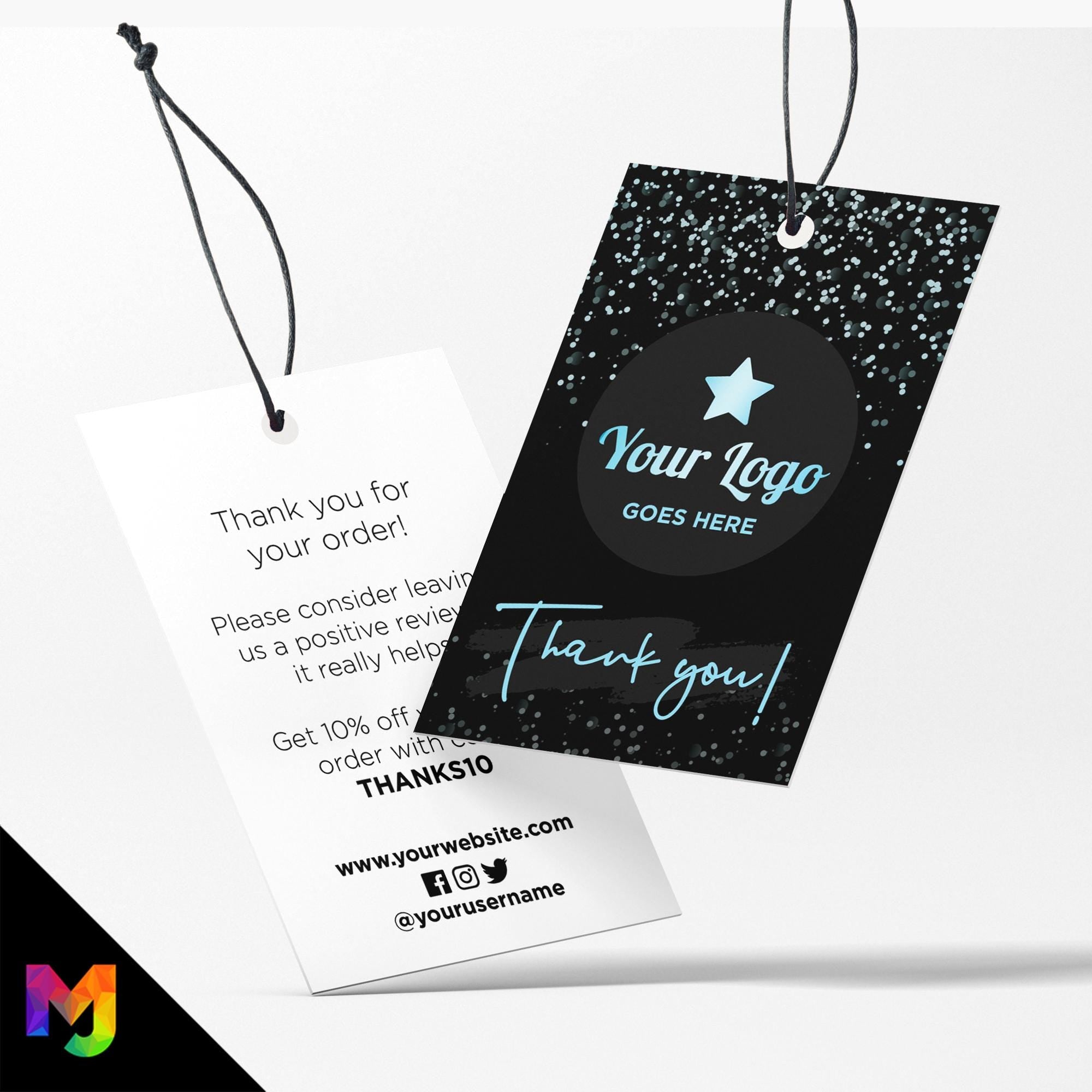 Custom printed thank you swing tags cards | Black blue glitter modern style design