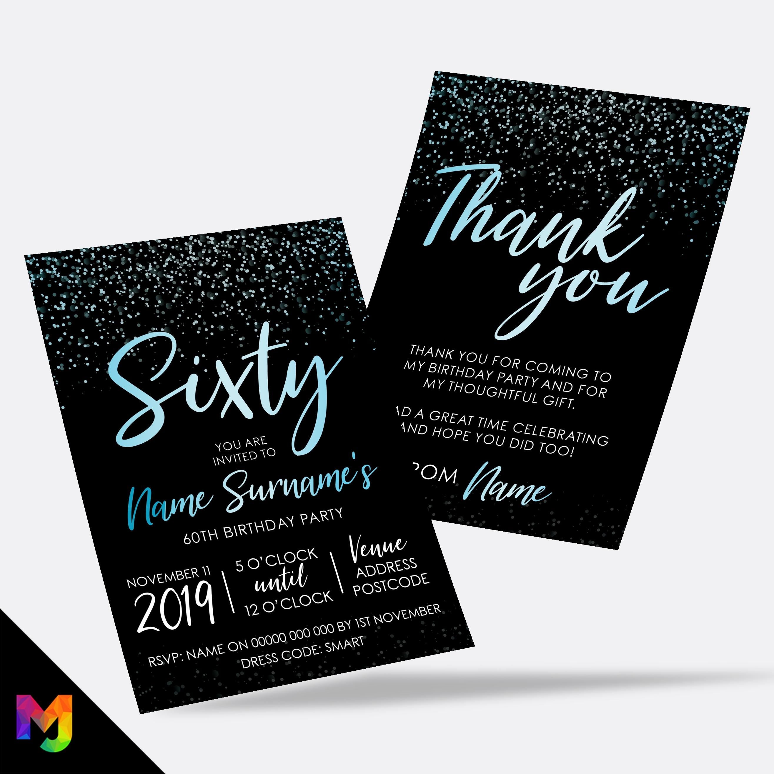 Personalised 60th birthday party Invitations Invites | Black blue gold glitter modern design