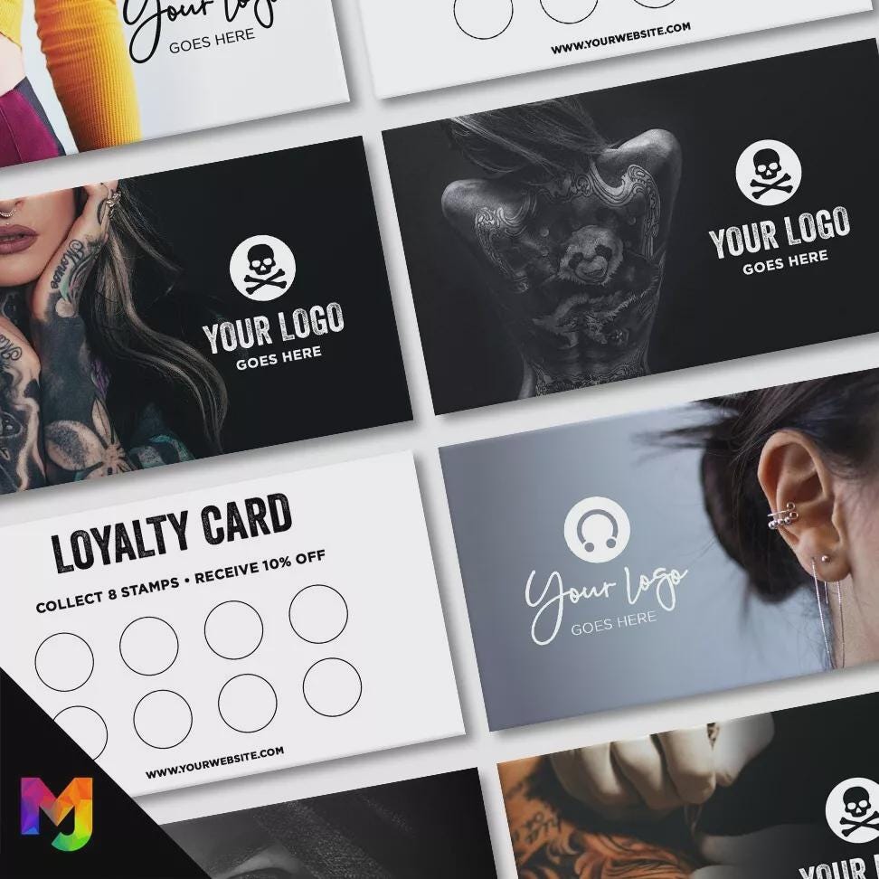 Custom printed loyalty reward cards | Tattoo studio artist piercing piercer body art jewellery tats ink inked businesses parlour salon