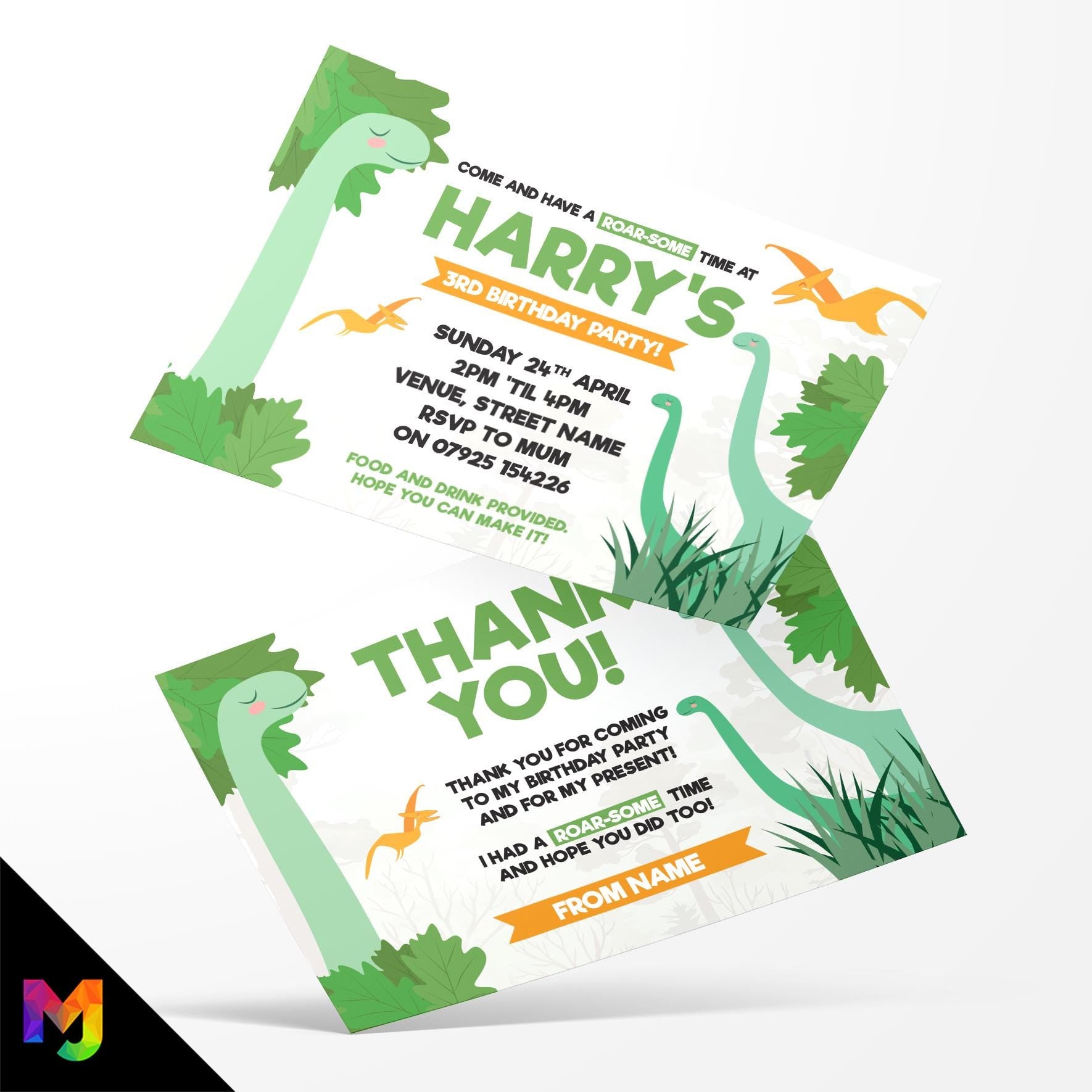 Personalised Dinosaur style Invitations Invites & thank you cards