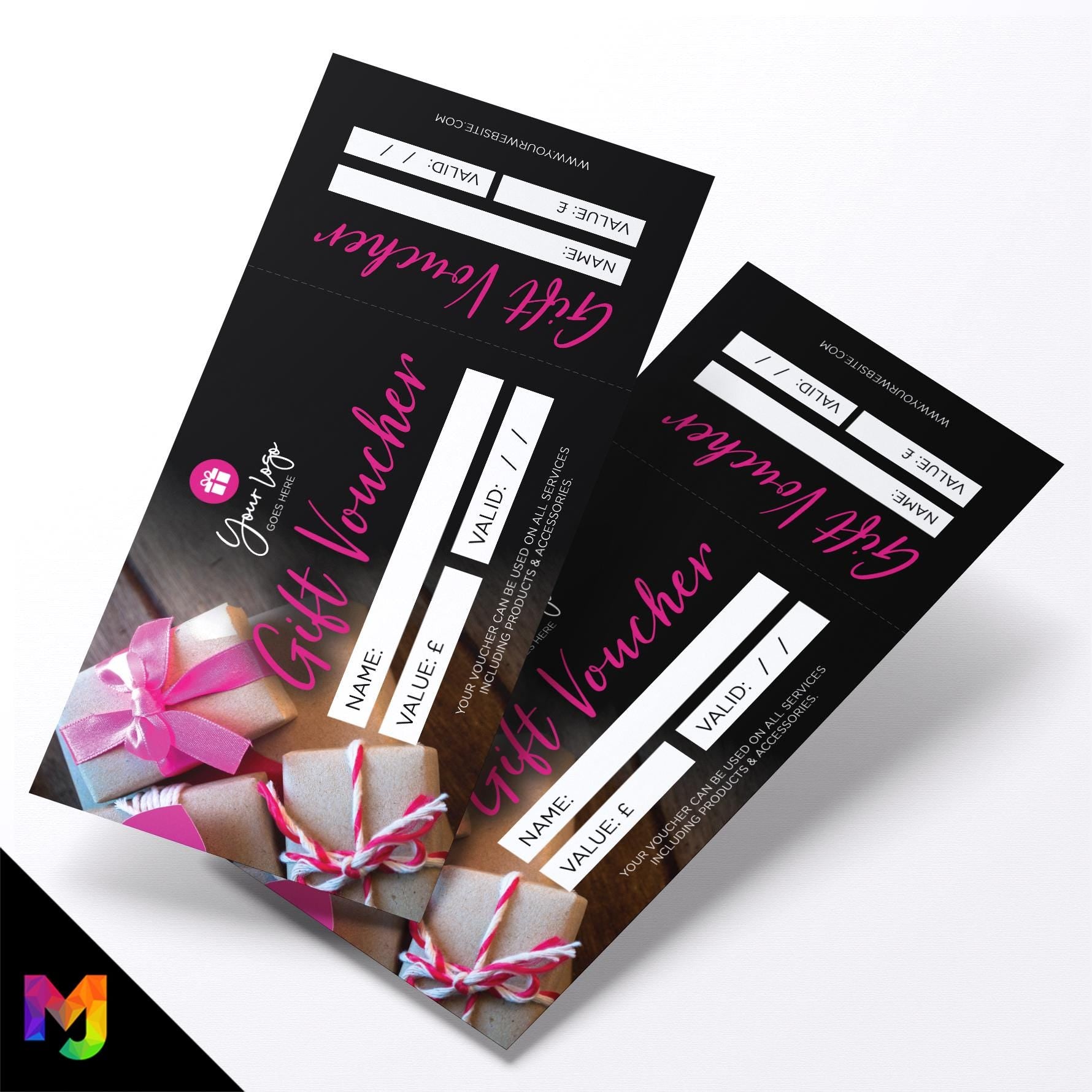 Custom printed gift vouchers | Perforated stubs | Present Gift Box Design Black Pink Purple Elegant 3