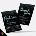 Personalised 18th birthday party Invitations Invites | Black blue gold glitter modern design