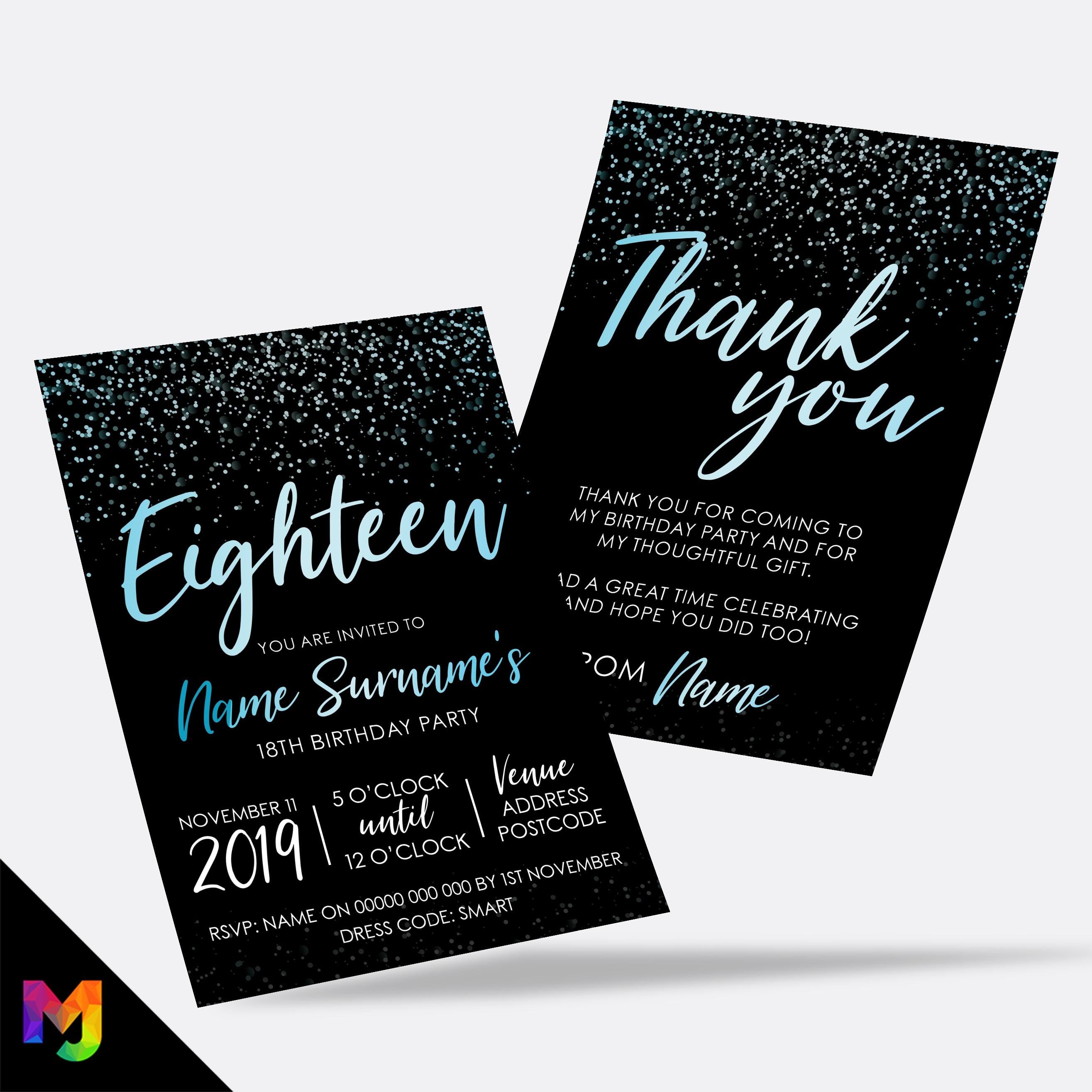 Personalised 18th birthday party Invitations Invites | Black blue gold glitter modern design