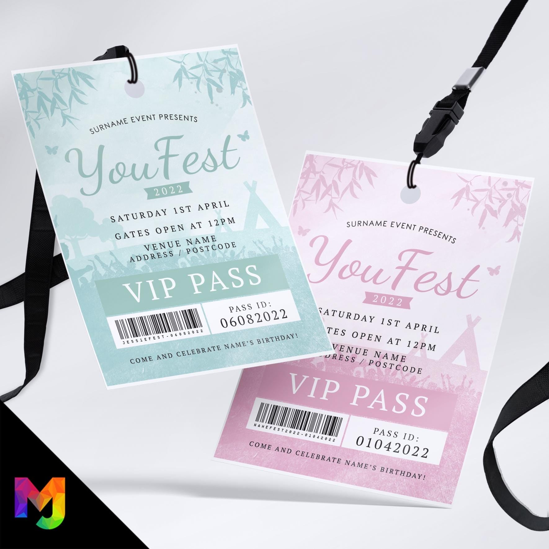 Personalised boho / chic festival style VIP pass & lanyard Invitations Invites | Any colour | Music summer fest