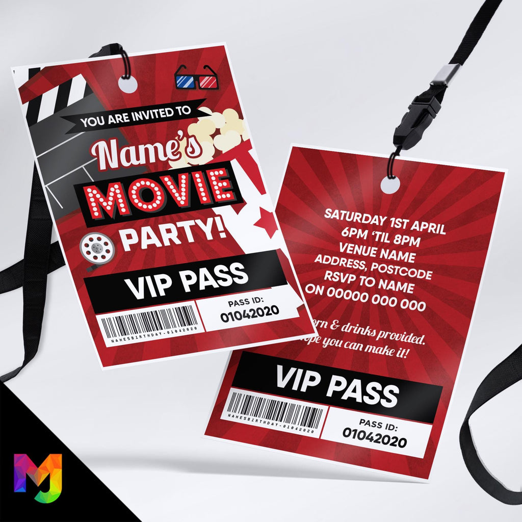 Personalised movie night cinema film party style VIP pass & lanyard Invitations Invites