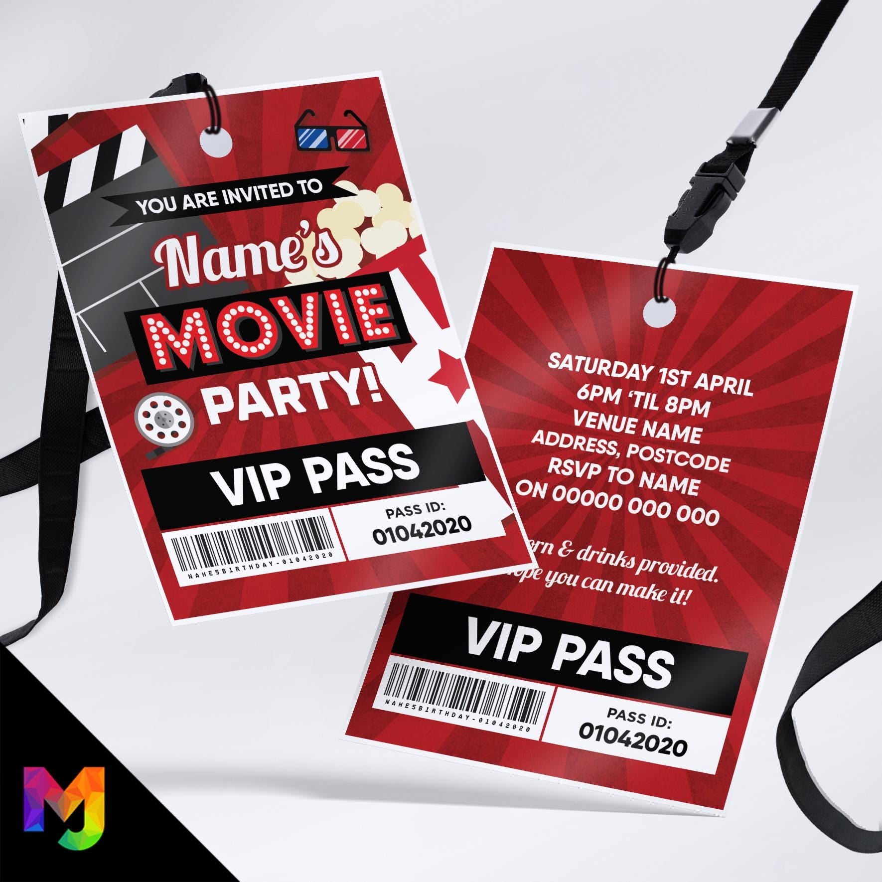 Personalised movie night cinema film party style VIP pass & lanyard Invitations Invites