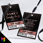 Personalised 21st birthday style VIP pass & lanyards | Rose gold black glitter design | ANY AGE!