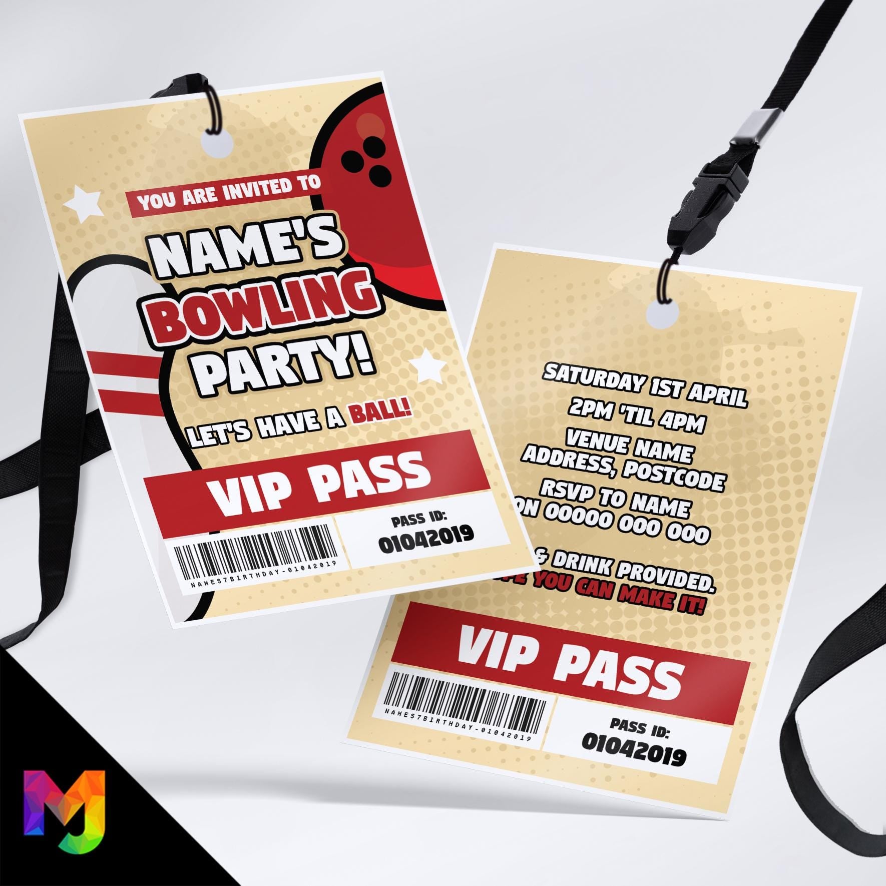 Personalised bowling / sports party style VIP pass & lanyards