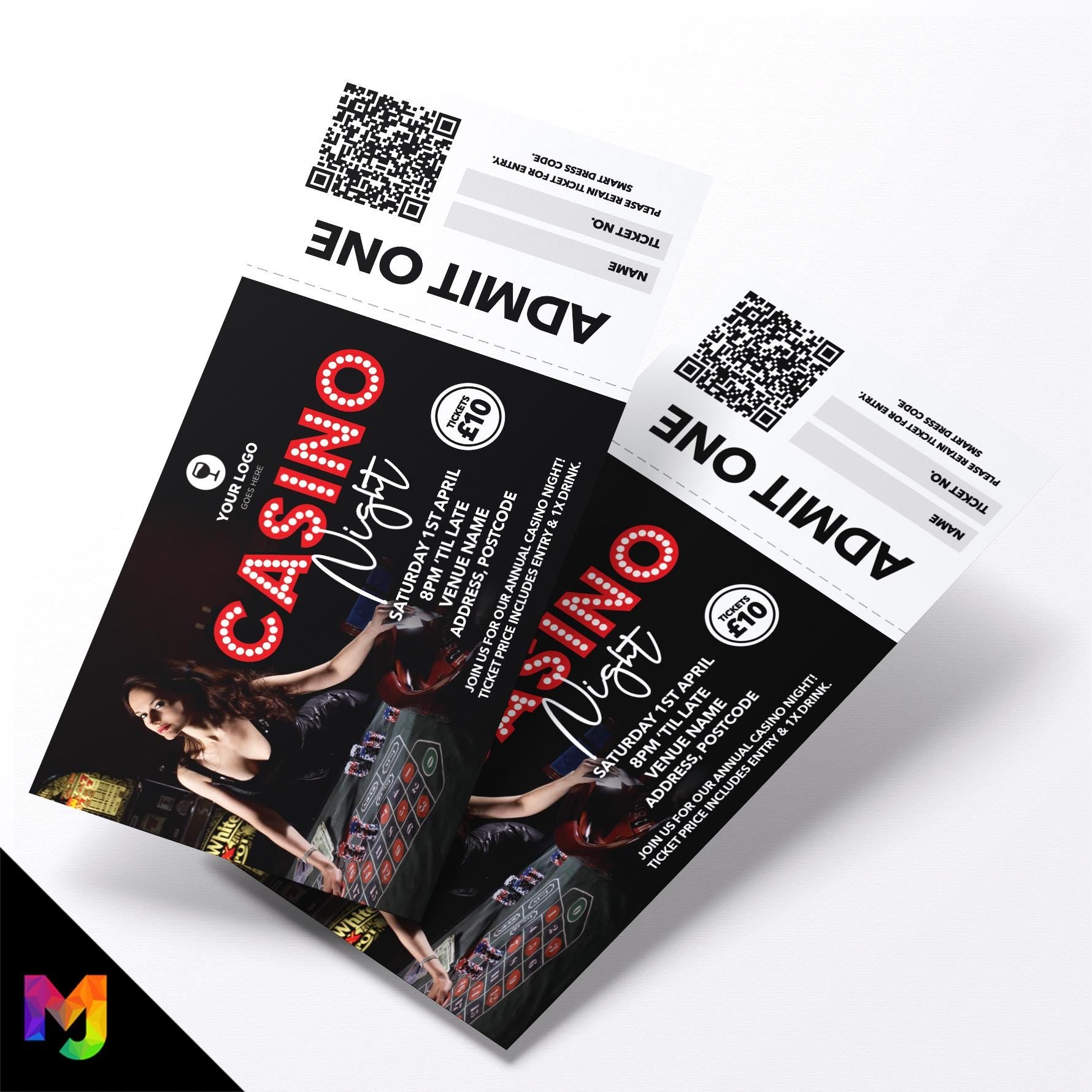Custom casino night event tickets | Perforated stubs | Gamble casino gambling event pub charity event 2
