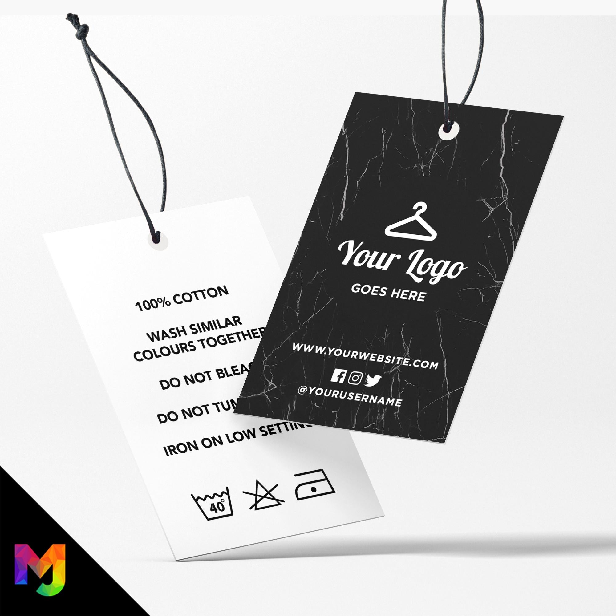 Custom printed clothing swing tags cards | Black marble white modern style design