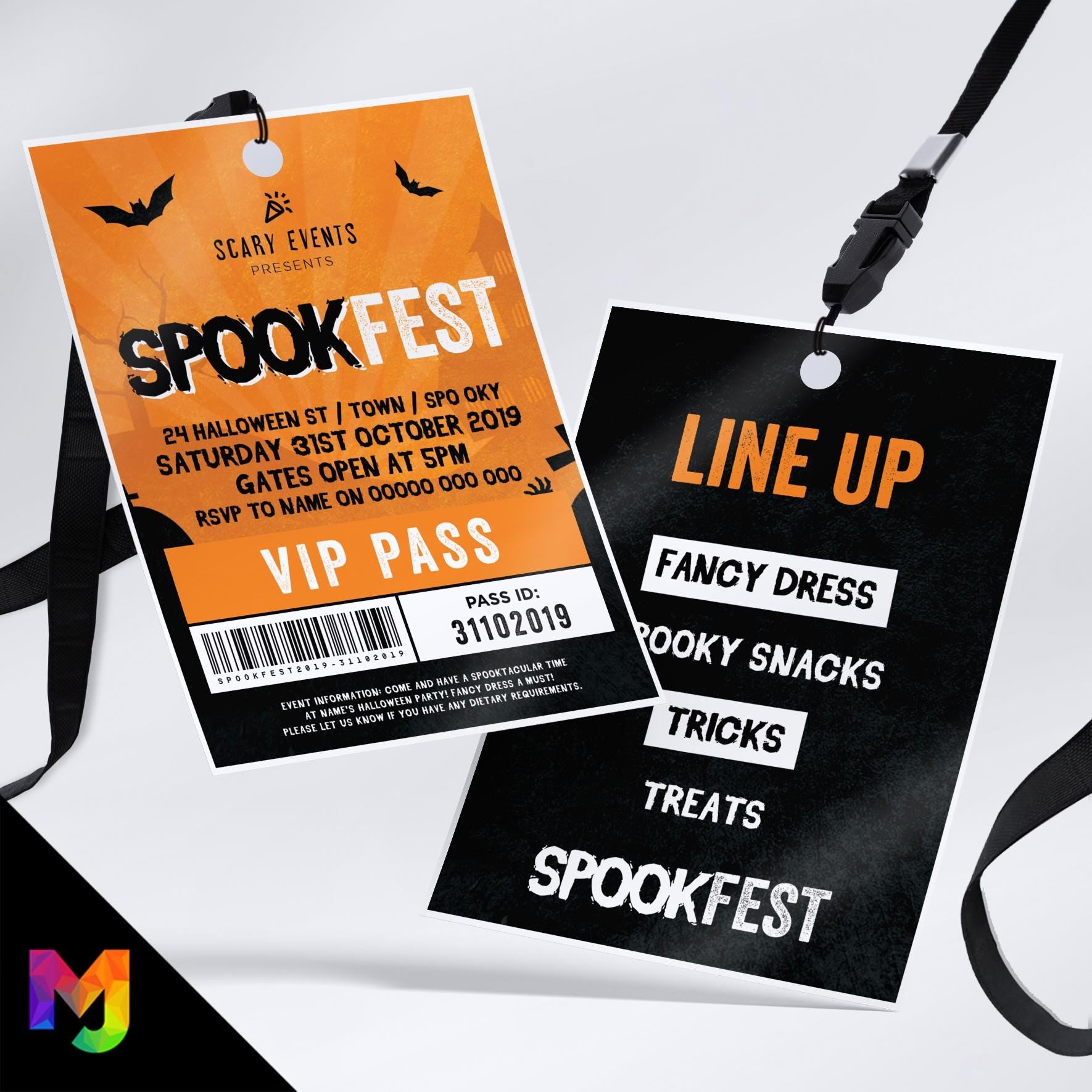Personalised 'SpookFEST' Halloween festival style VIP pass & lanyard Invitations Invites