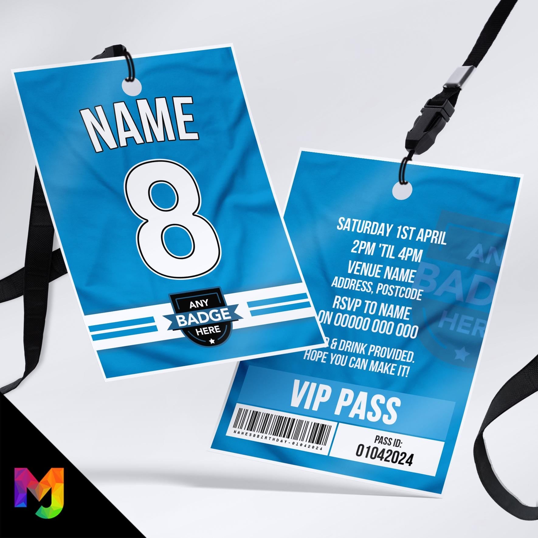 Personalised football shirt style VIP pass & lanyard Invitations Invites | Any Team | Light sky blue shirt style