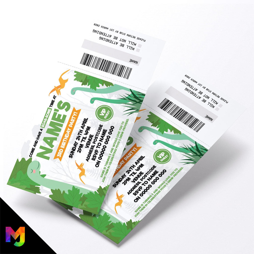 Personalised Dinosaur ticket style birthday Invitations Invites | Perforated