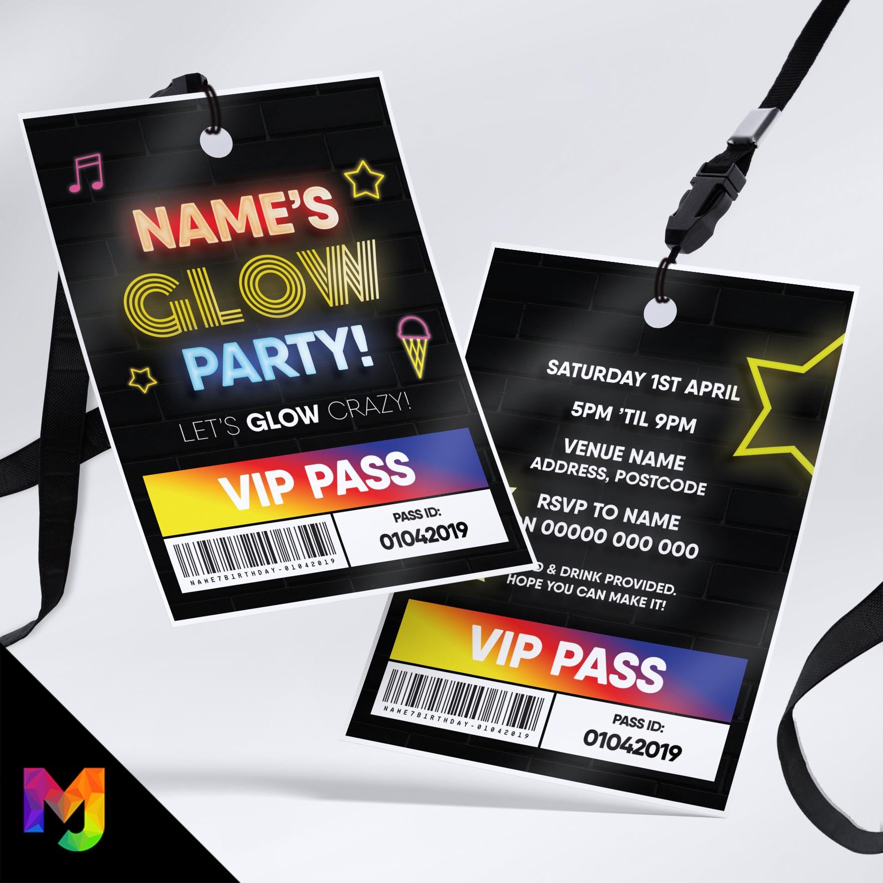 Personalised glow neon party style VIP pass & lanyards | Music disco entertainment