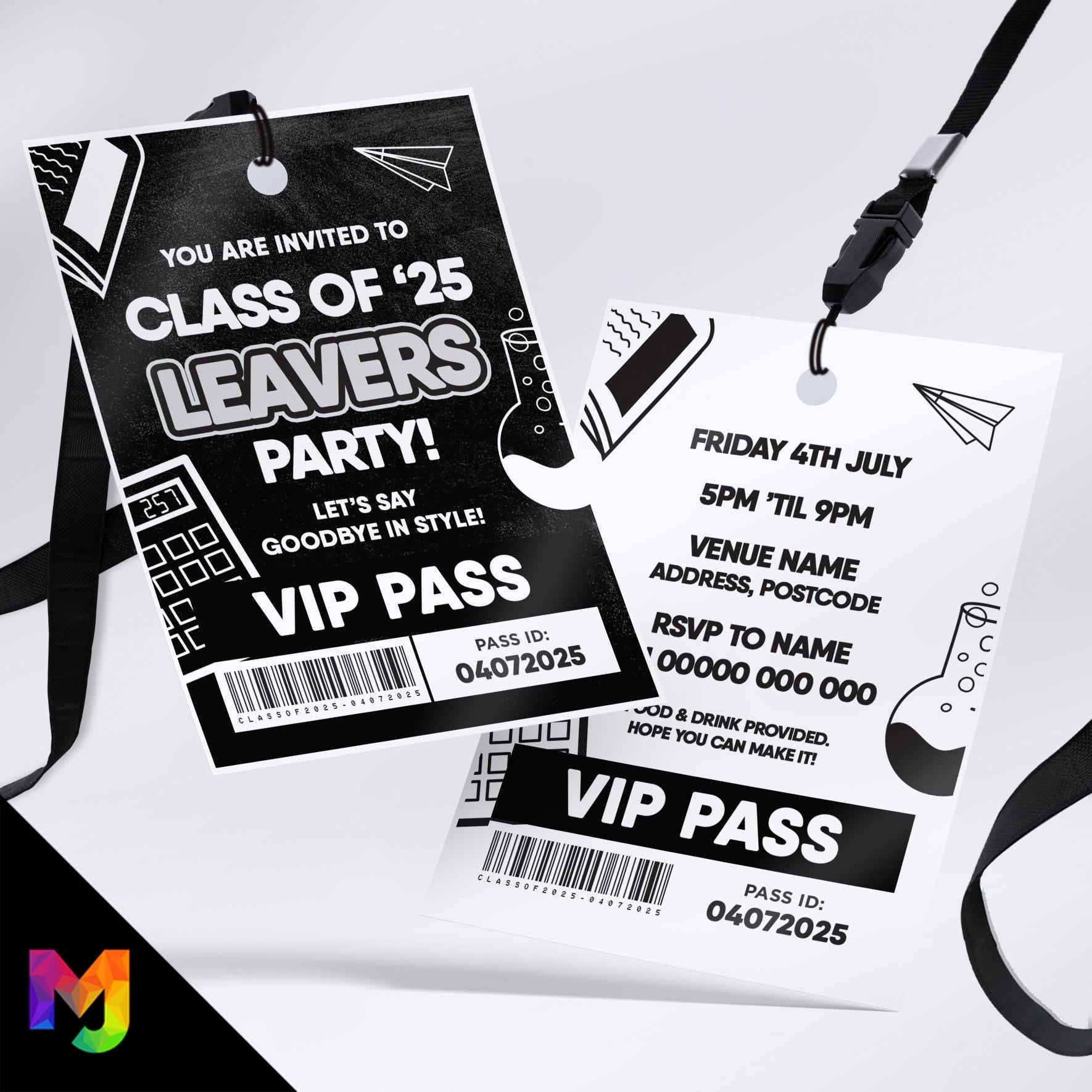 Personalised school leavers leaving party style VIP pass & lanyard Invitations Invites