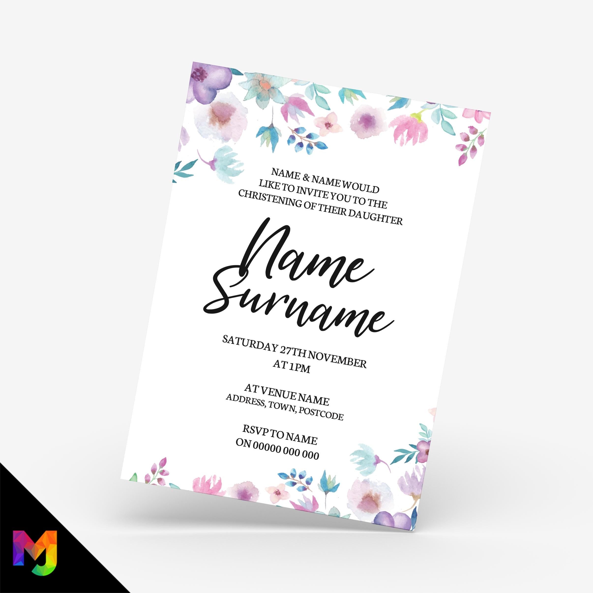 Personalised christening invitations invites | Pink purple pink floral kids baby floral elegant modern design 1