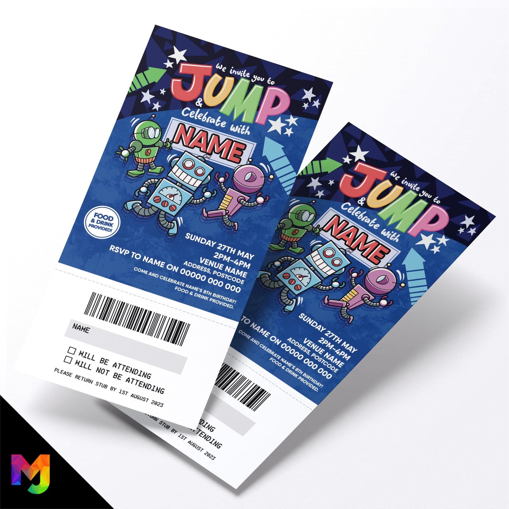 Personalised bounce jump trampoline sports activity party ticket style birthday Invitations Invites | Perforated