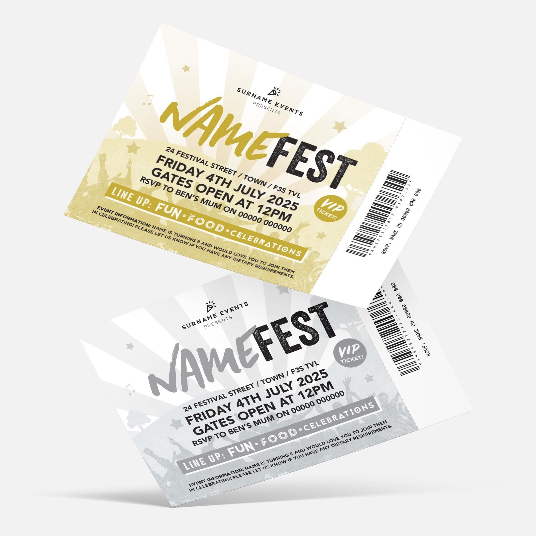 Personalised festival ticket style Invitations Invites