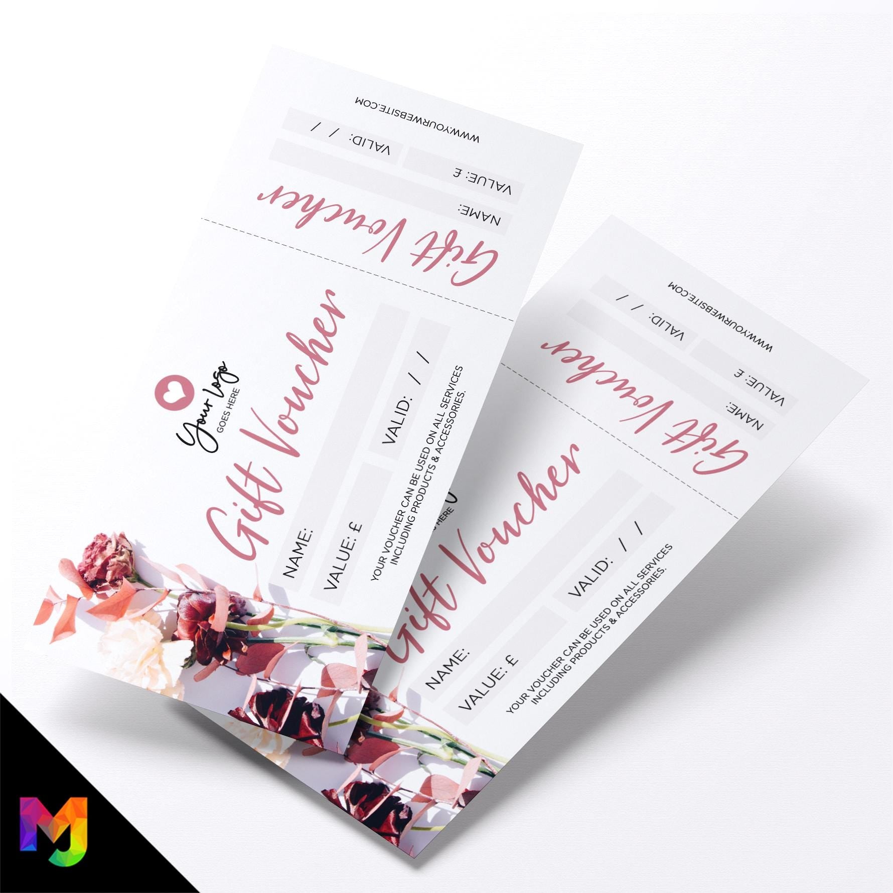 Custom printed gift vouchers | Perforated stubs | Red purple pink floral generic modern design flower elegant