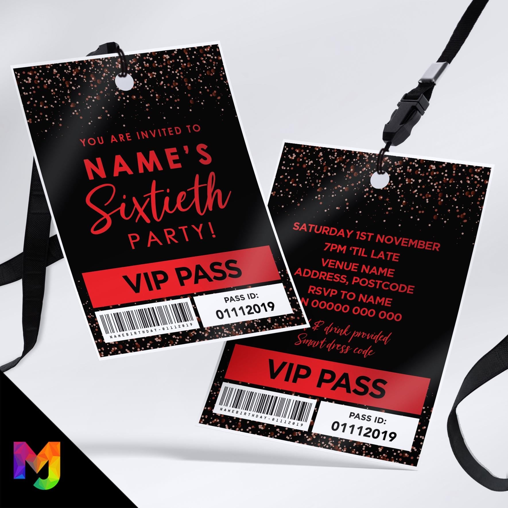 Personalised 60th birthday style VIP pass & lanyards | Red black glitter design | ANY AGE!
