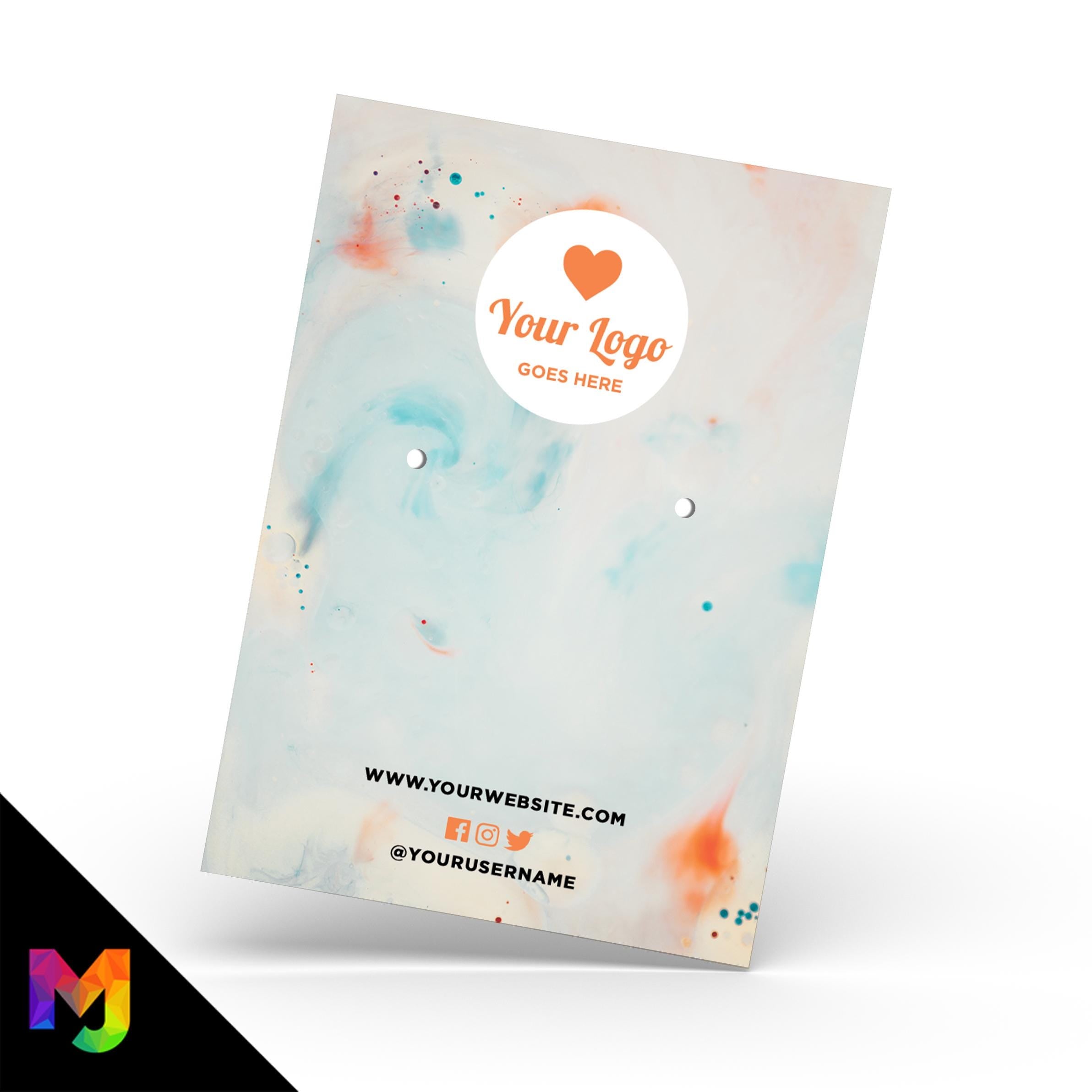 Custom jewellery backing card printing | A6 size | Orange blue drop paint abstract style design