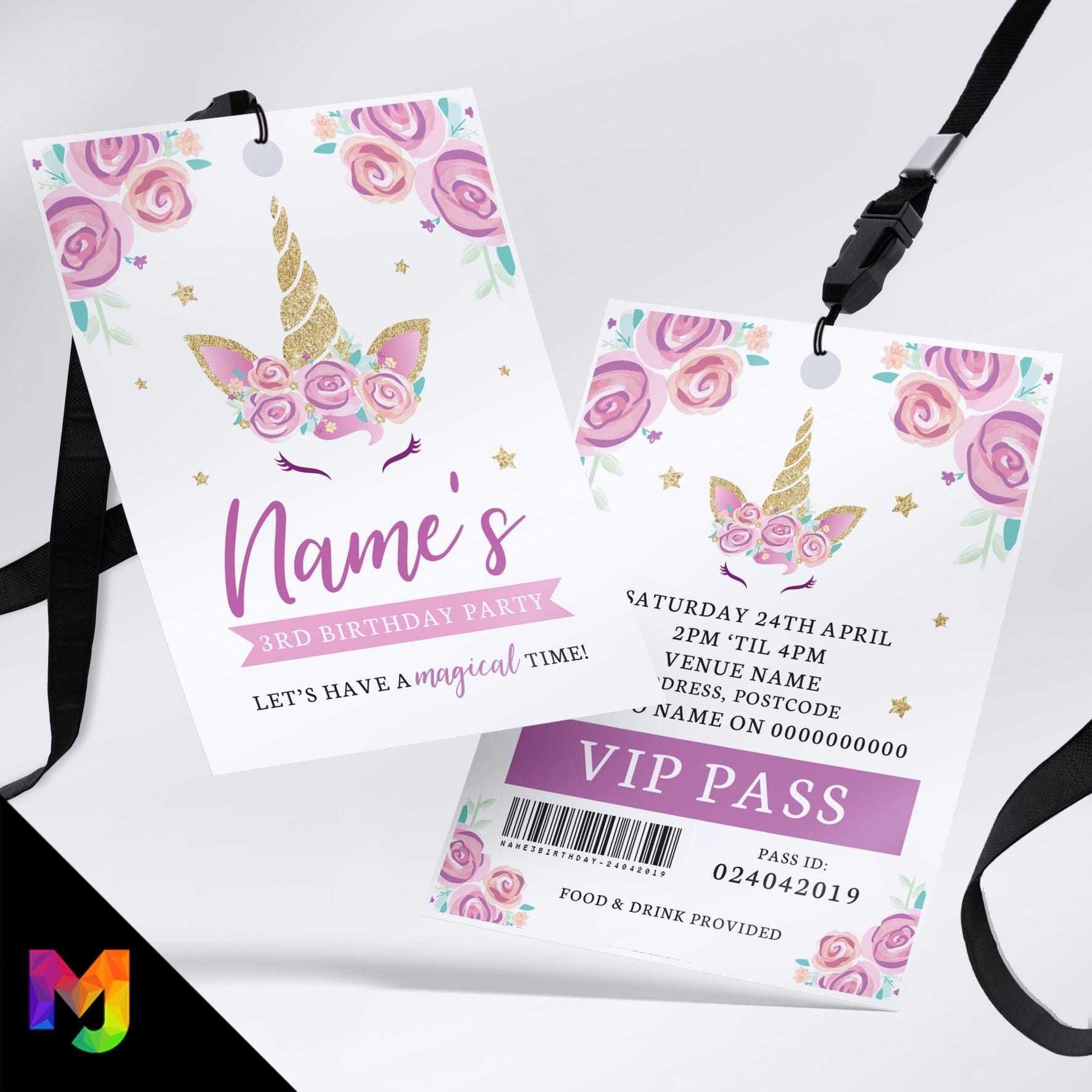 Personalised Unicorn flowers style VIP pass & lanyard Invitations Invites | Cute pink white floral girly