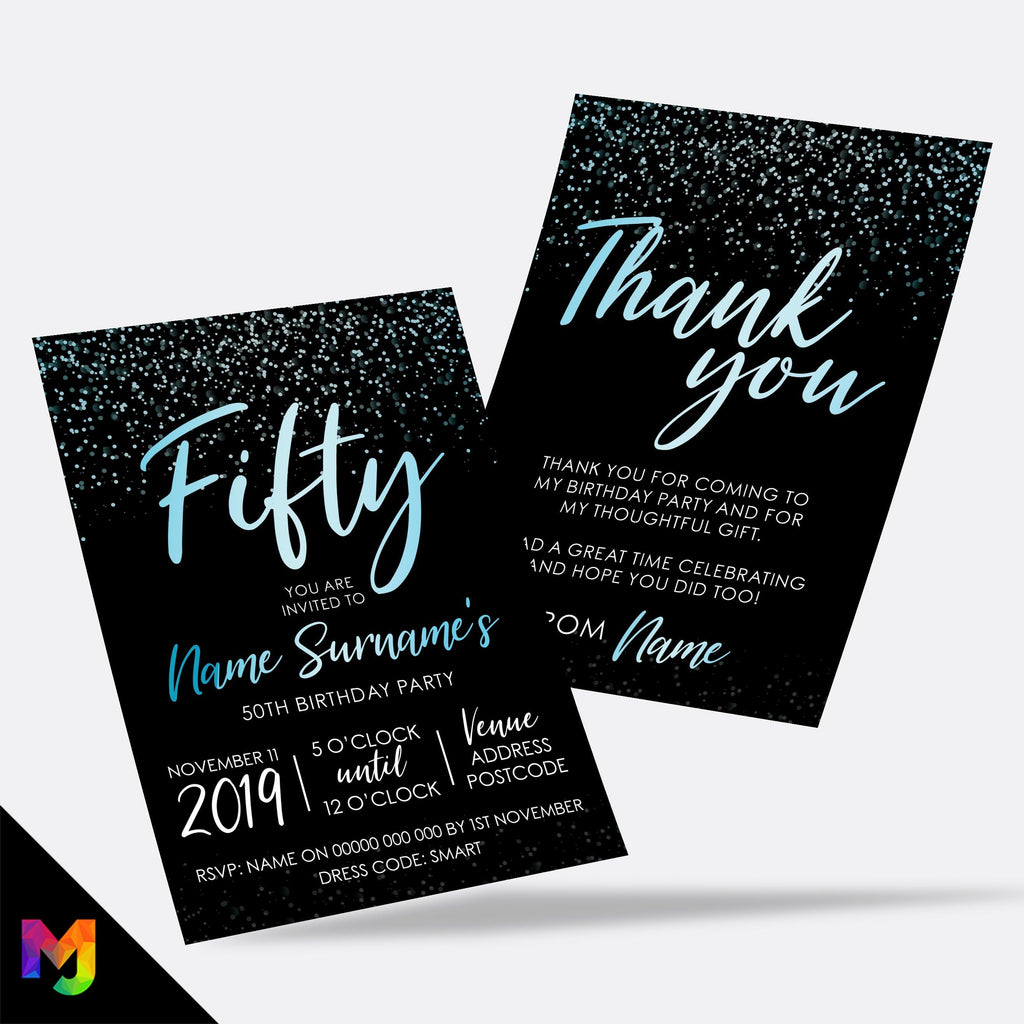 Personalised 50th birthday party Invitations Invites | Black blue gold glitter modern design