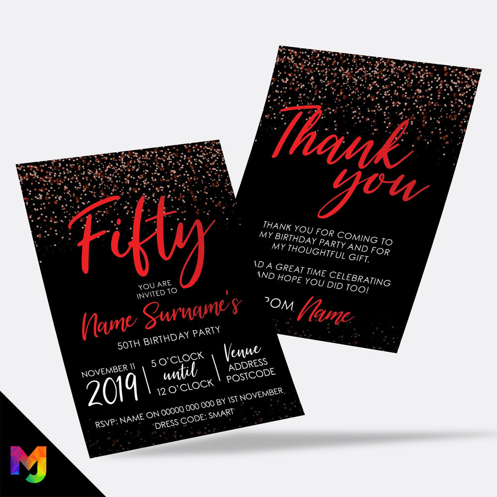 Personalised 50th birthday party Invitations Invites | Black red glitter modern design