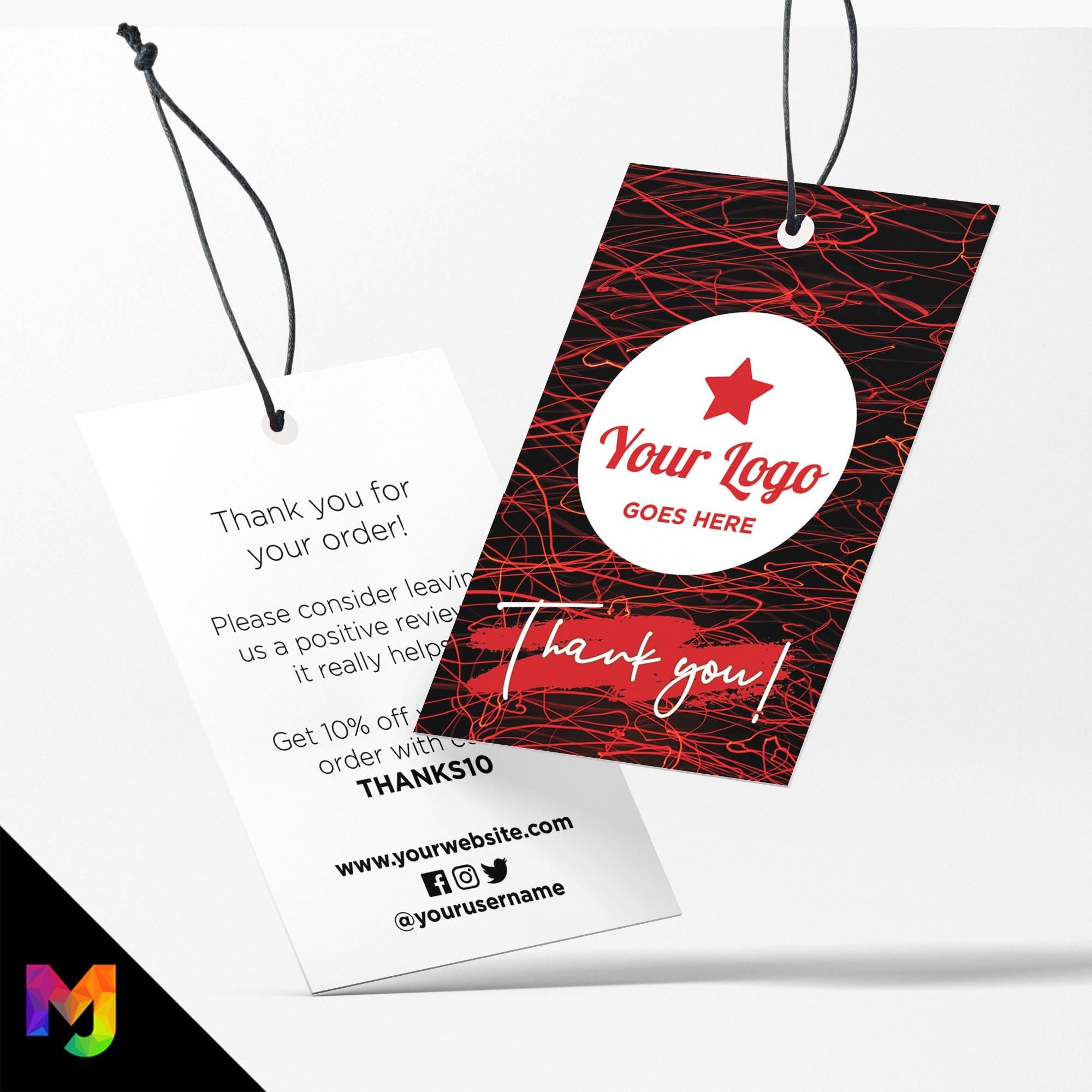 Custom printed thank you swing tags cards | Red black messy lines abstract style design