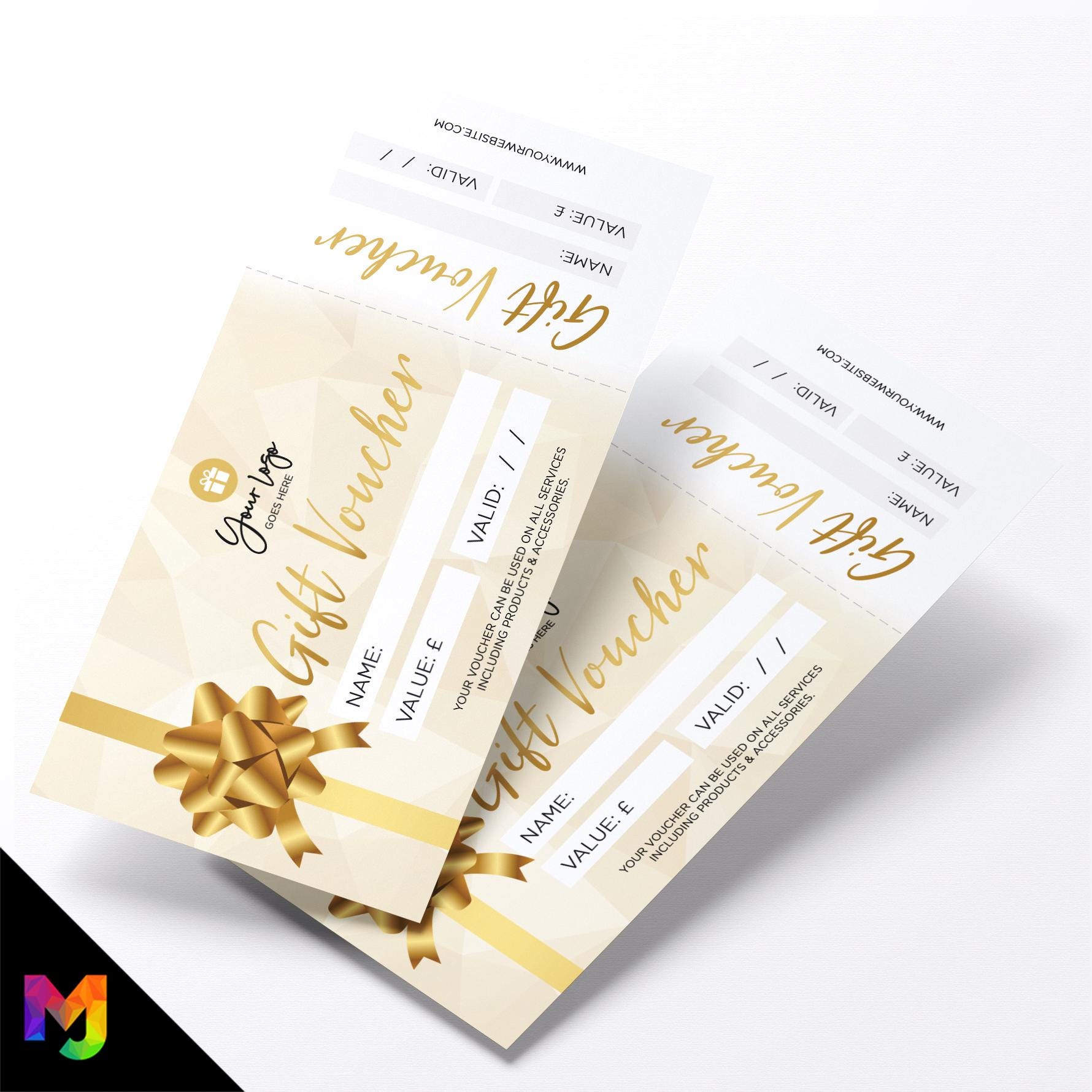 Custom printed gift vouchers | Perforated stubs | Gold Present Gift Glitter Generic Bow Modern Elegant Design