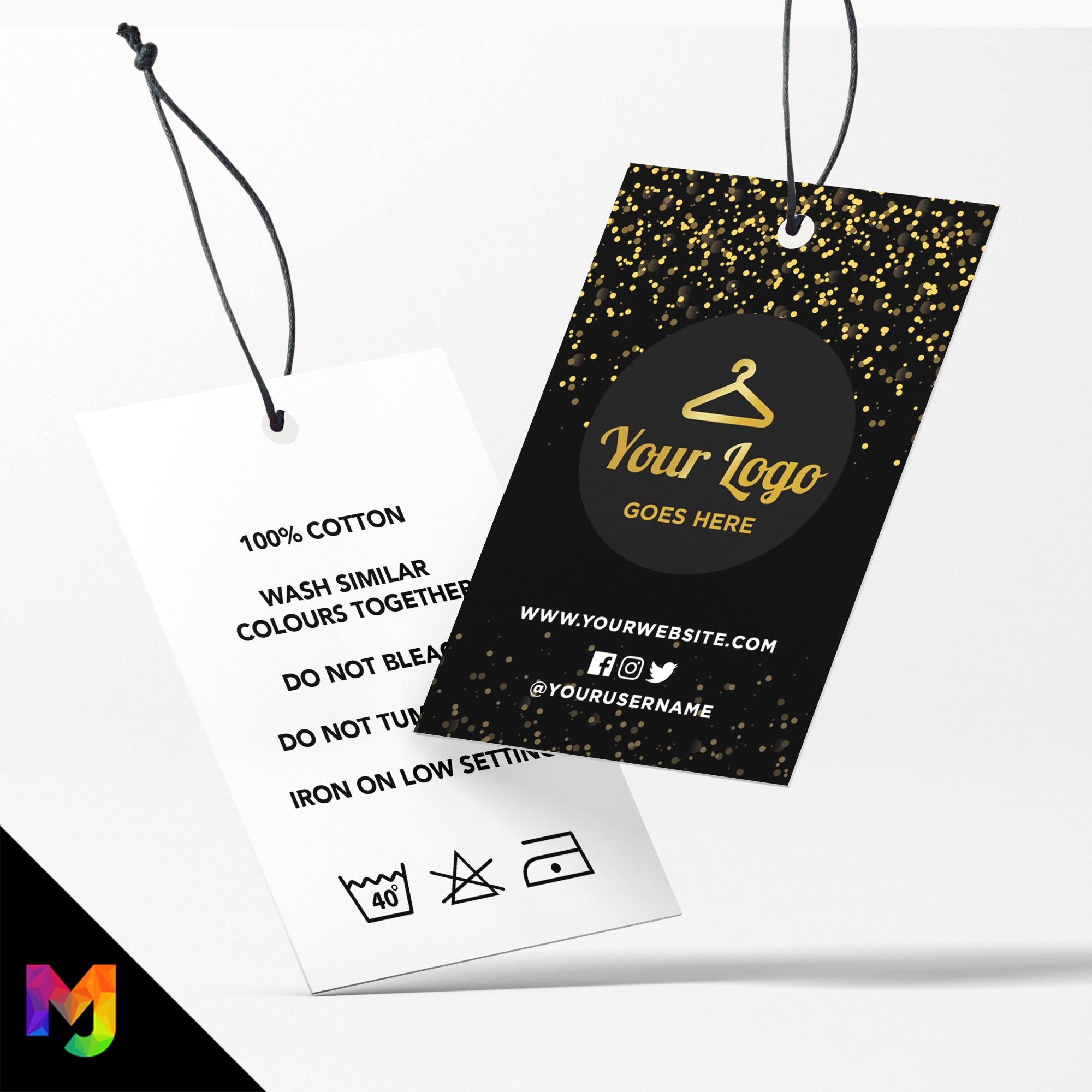 Custom printed clothing swing tags cards | Black gold glitter modern style design