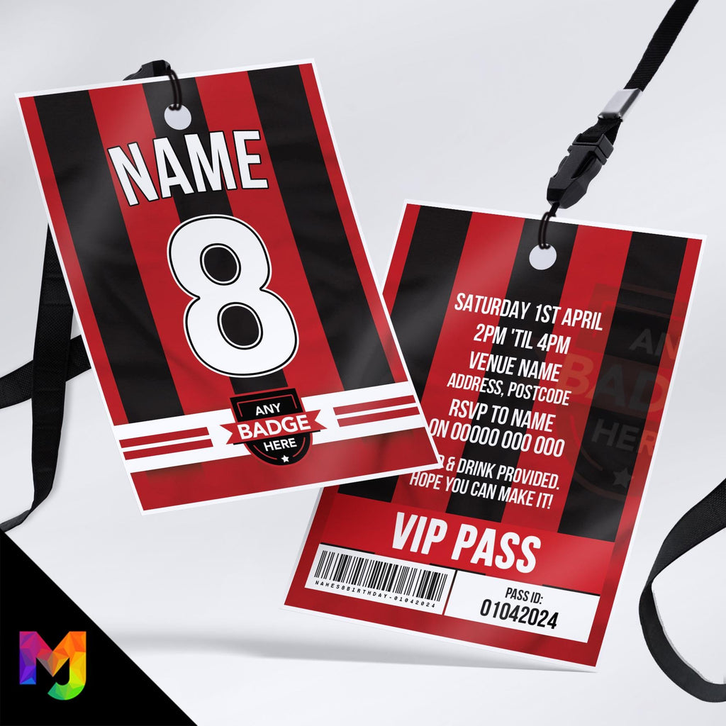 Personalised football shirt style VIP pass & lanyard Invitations Invites | Any Team | Red and black striped shirt style