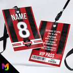 Personalised football shirt style VIP pass & lanyard Invitations Invites | Any Team | Red and black striped shirt style