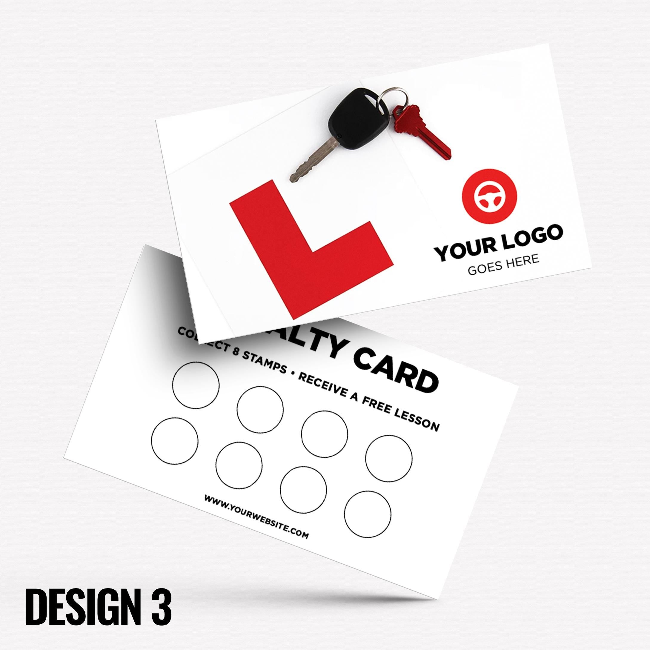Custom printed loyalty reward cards | Driving school instructor drive lesson learner learn car street roads businesses