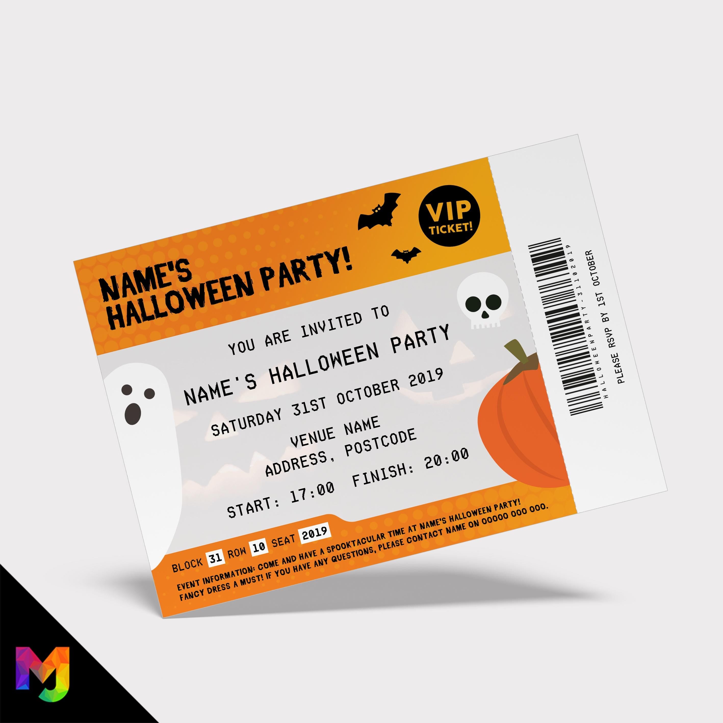 Personalised Halloween party ticket style invitations | Orange design ghost skull pumpkin spooky 1