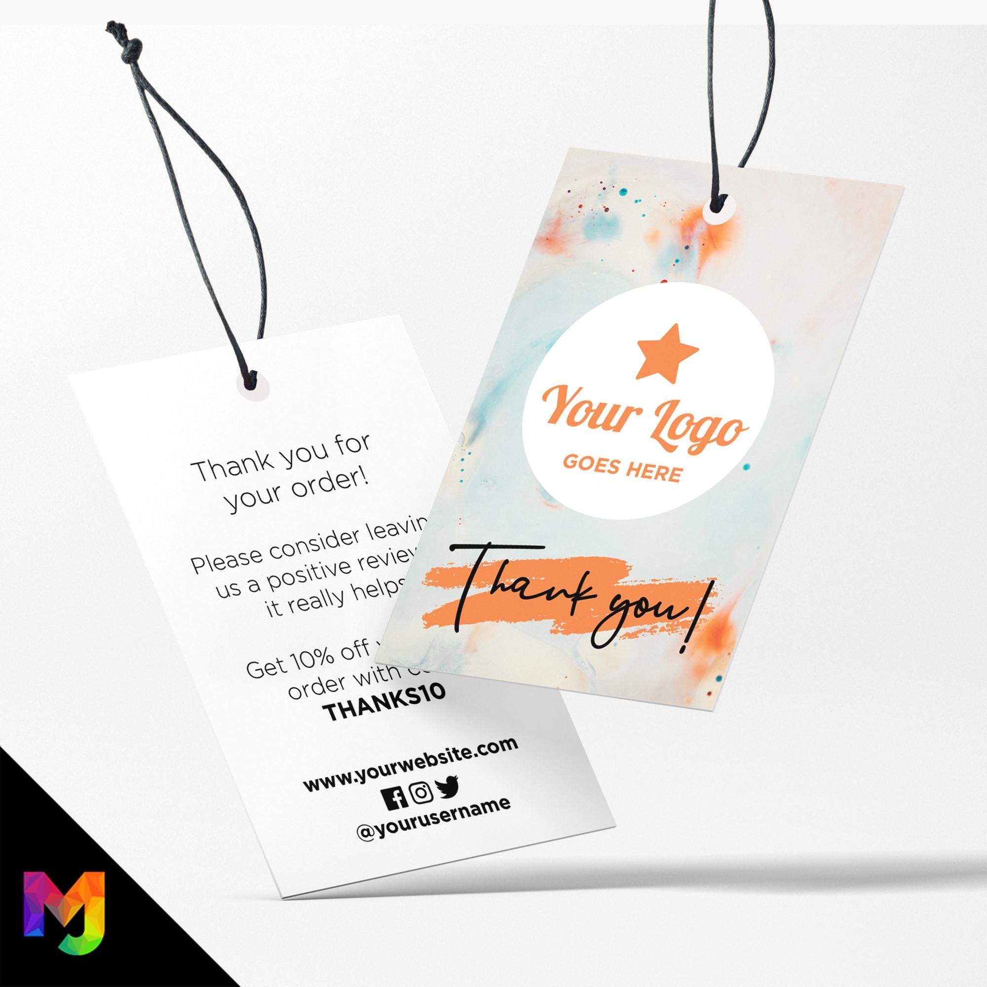 Custom printed thank you swing tags cards | Orange blue drop paint abstract style design