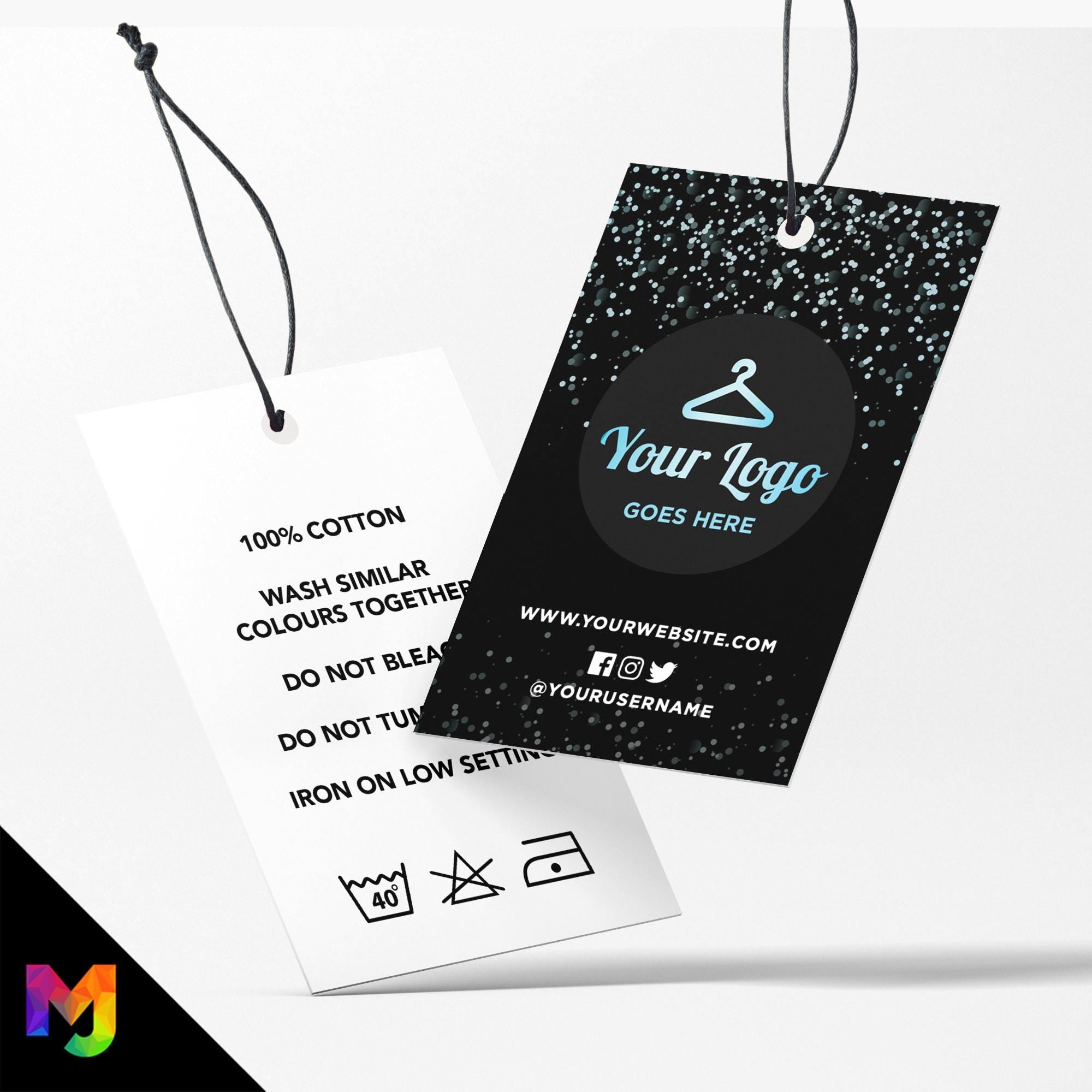 Custom printed clothing swing tags cards | Black blue glitter modern style design