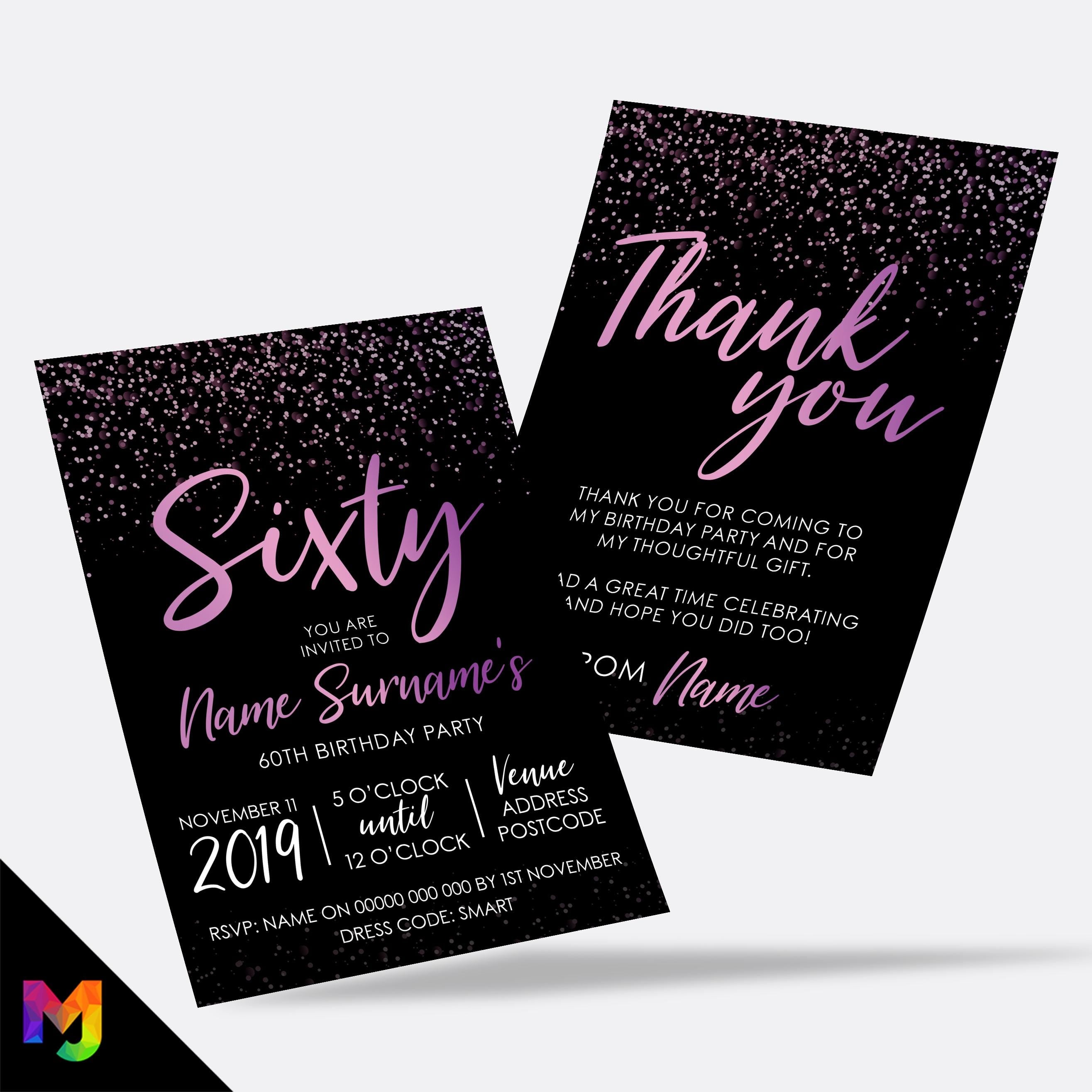 Personalised 60th birthday party Invitations Invites | Black purple pink glitter style modern design