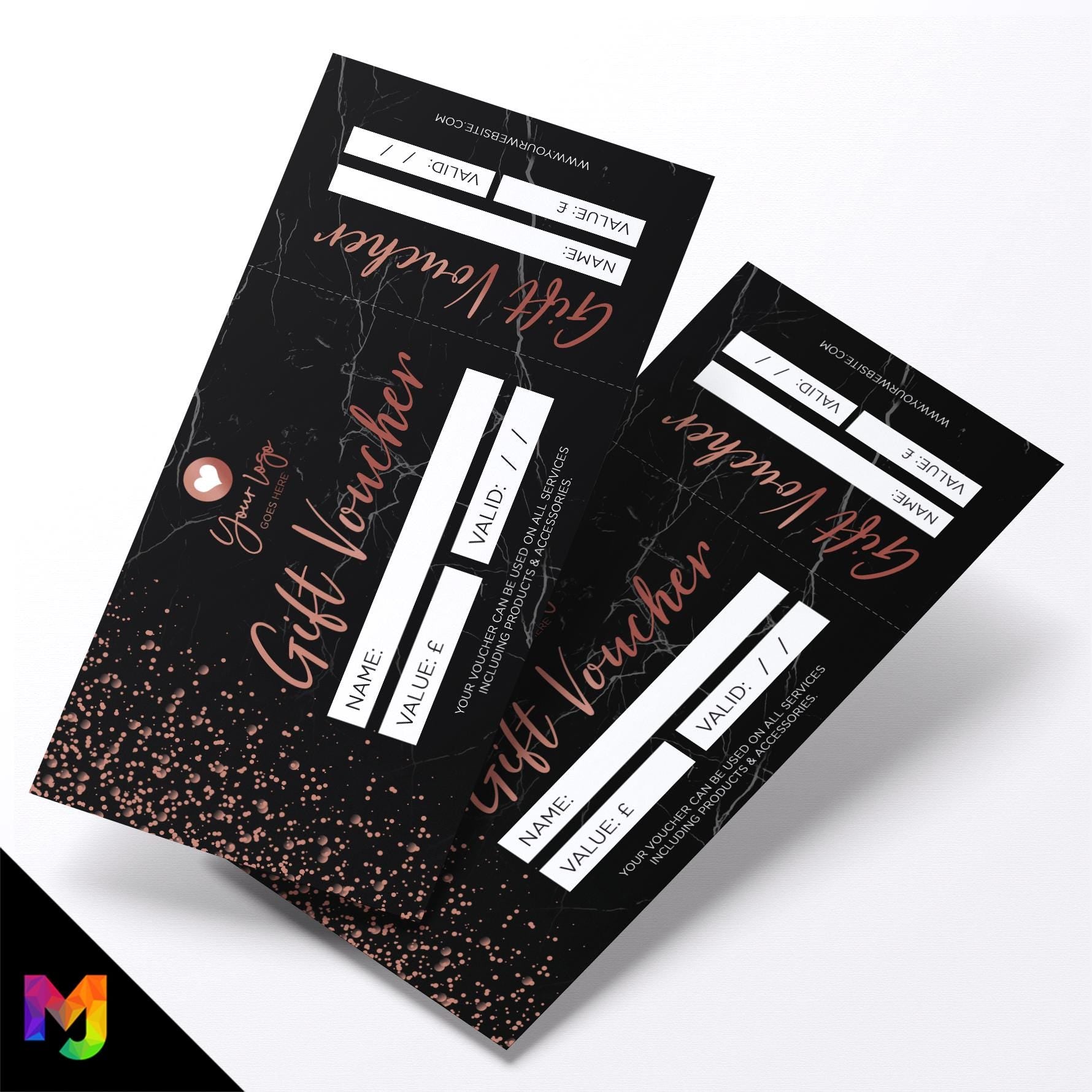 Custom printed gift vouchers | Perforated stubs | Marble Rose Gold Black Modern Sparkle Style Modern Elegant Fancy