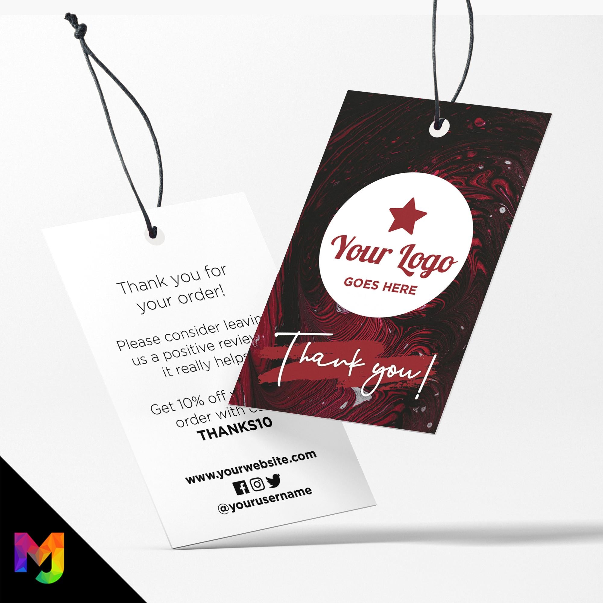 Custom printed thank you swing tags cards | Red black swirl abstract style design 1