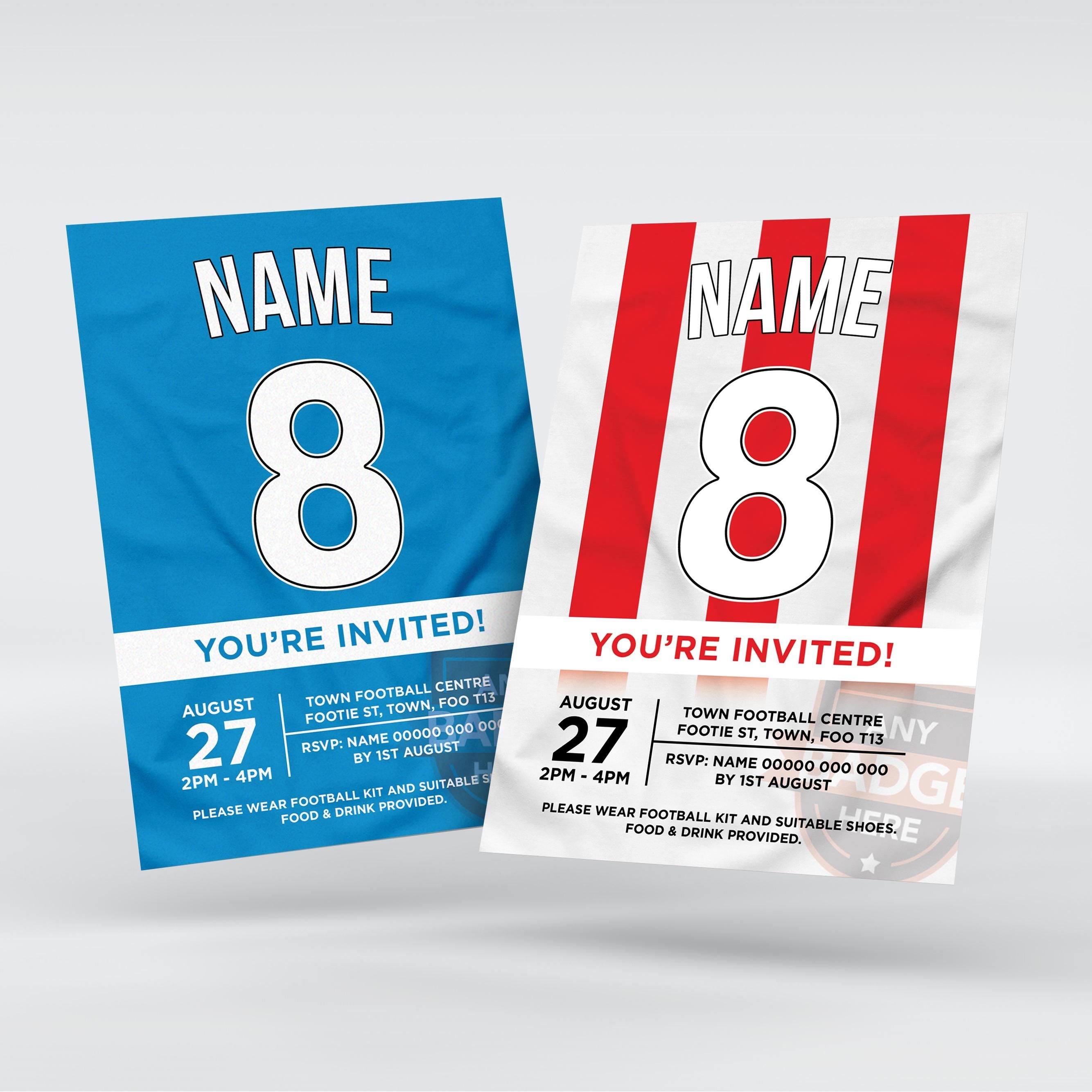 Personalised football shirt style Invitations Invites + thank you cards | Any colours!