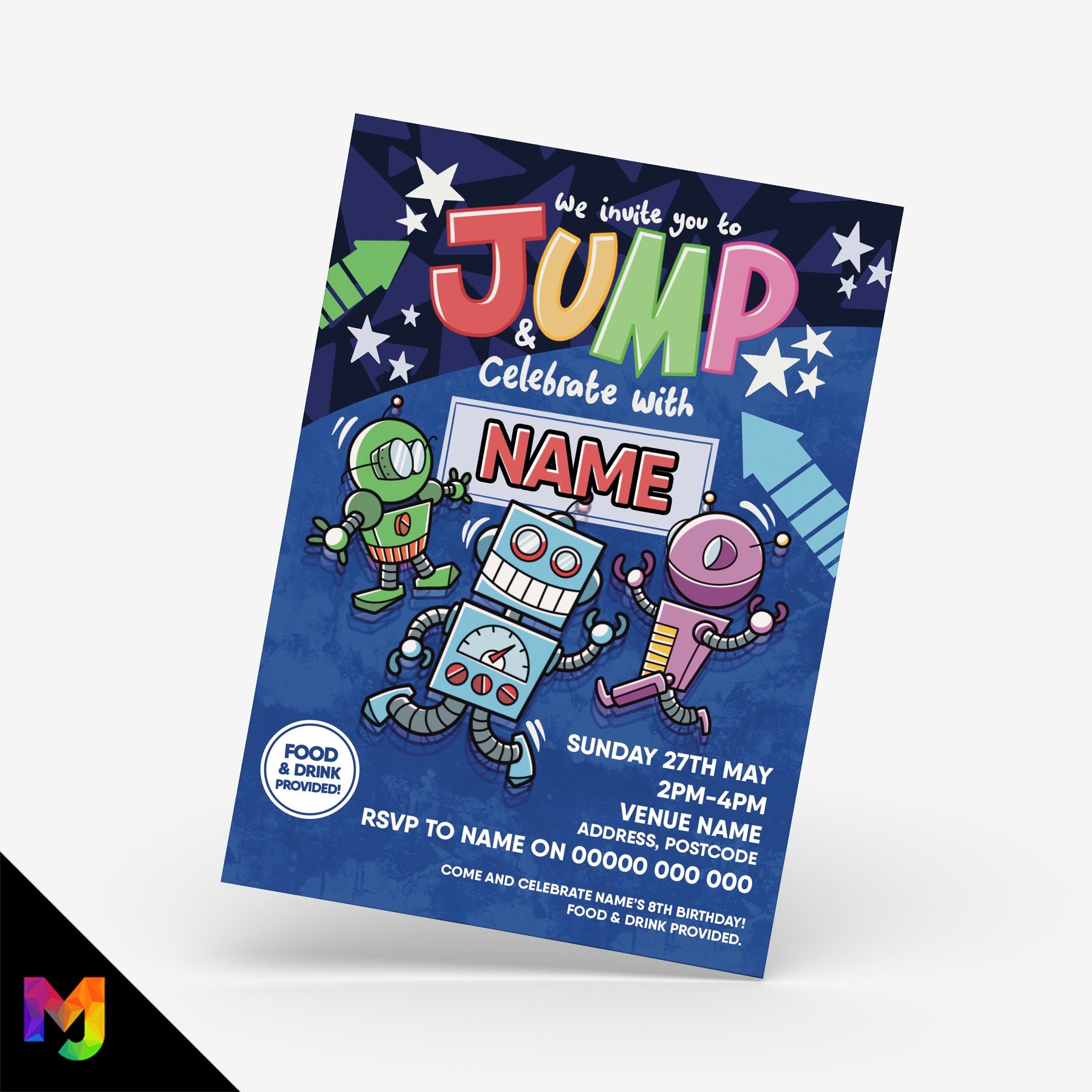 Personalised bounce party jump trampoline style Invitations Invites | Jumping Robots Fun Kids Boys Girls