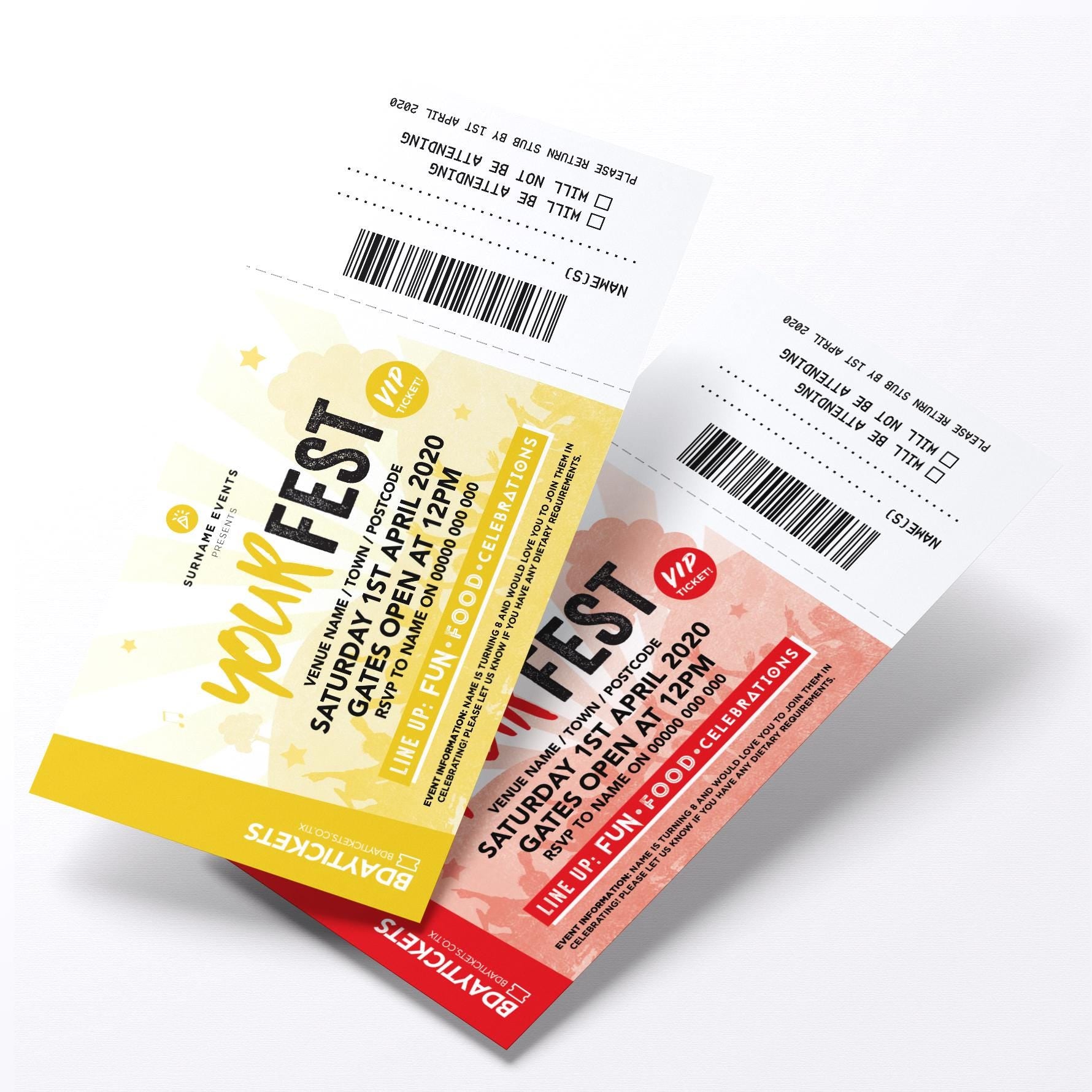 Personalised festival VIP ticket style party Invitations Invites | Perforated stubs