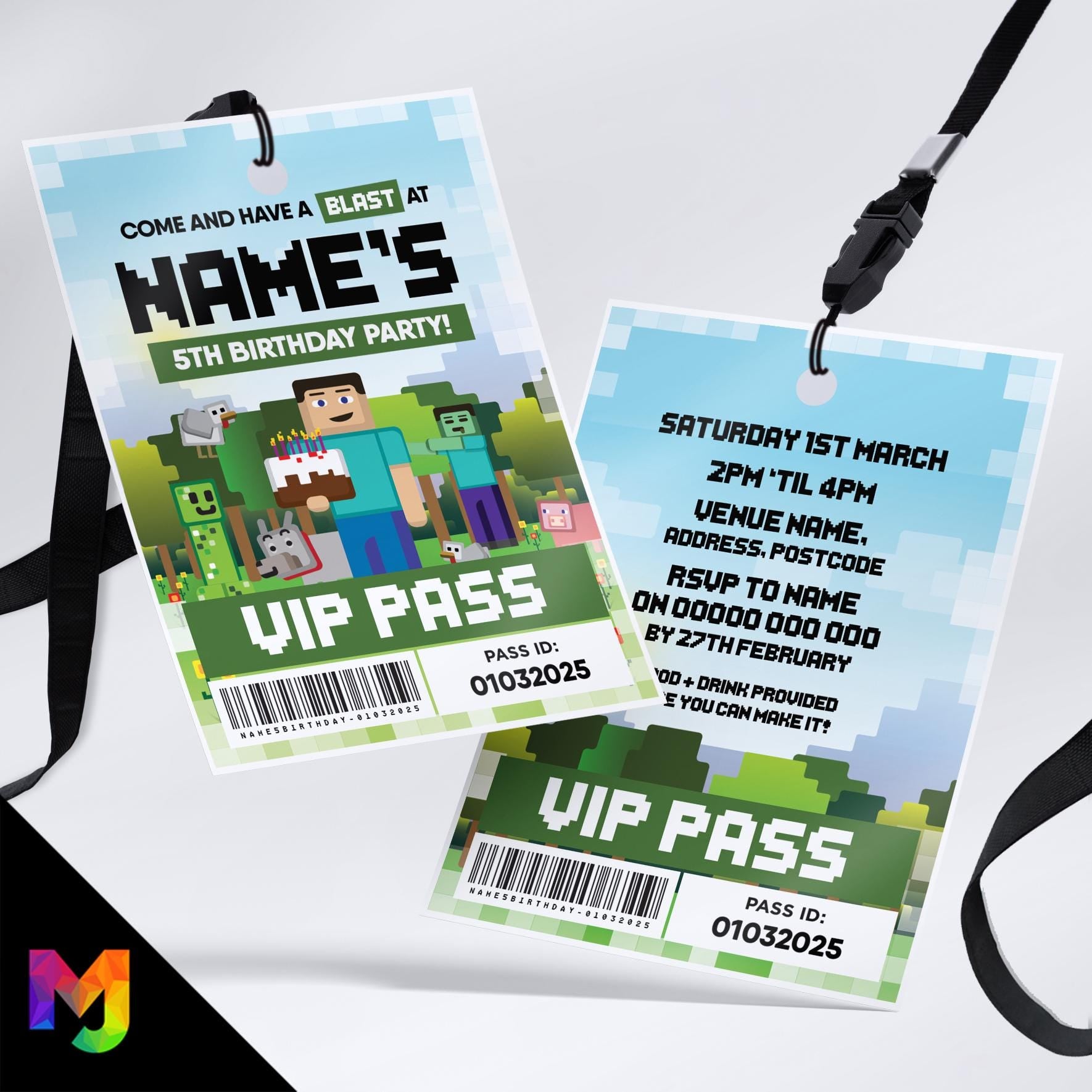 Personalised Minecraft inspired VIP pass & lanyard Invitations Invites | game gaming block builder gaming kids style