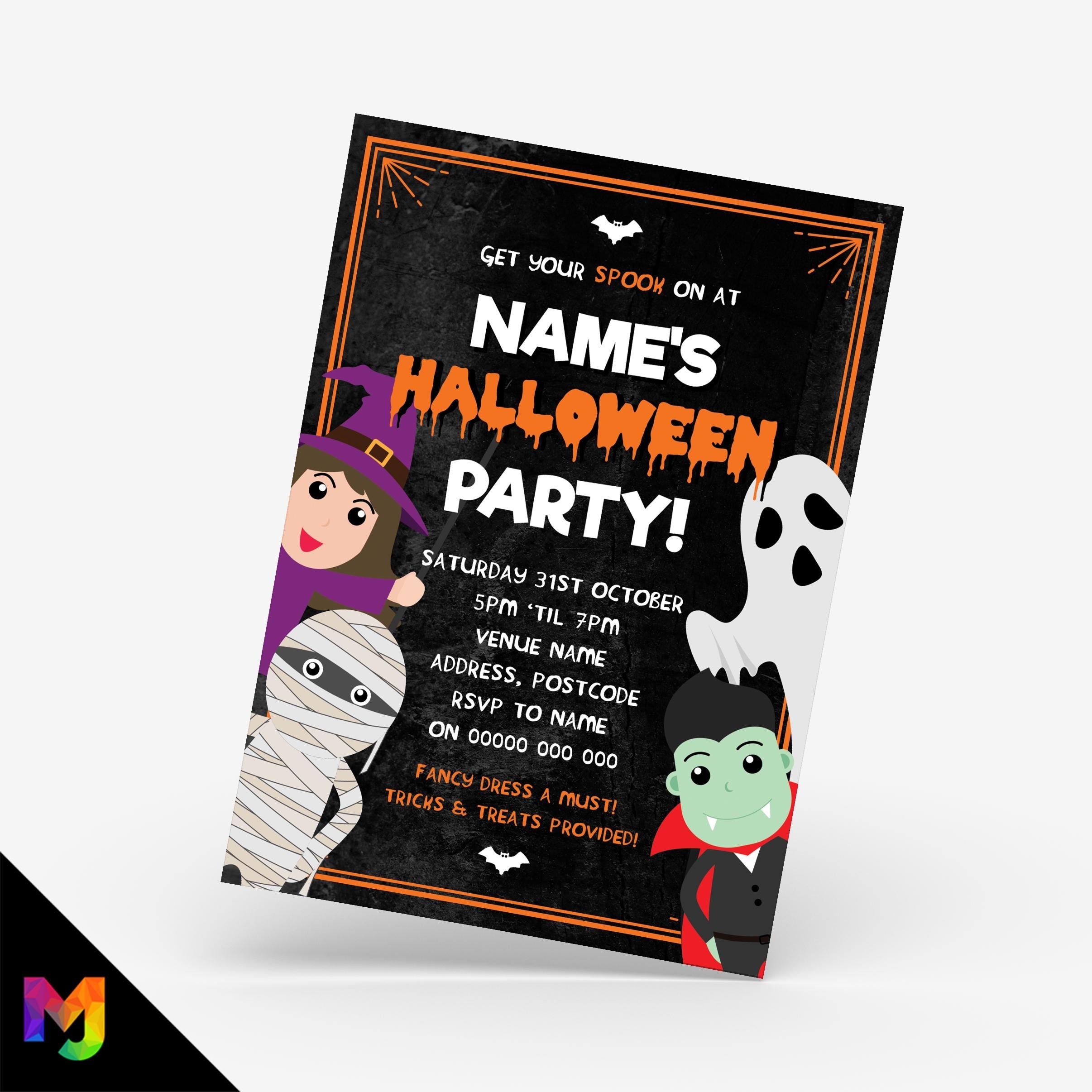 Personalised Halloween party invitations | Kids ghost mummy witch vampire fun cute characters 1