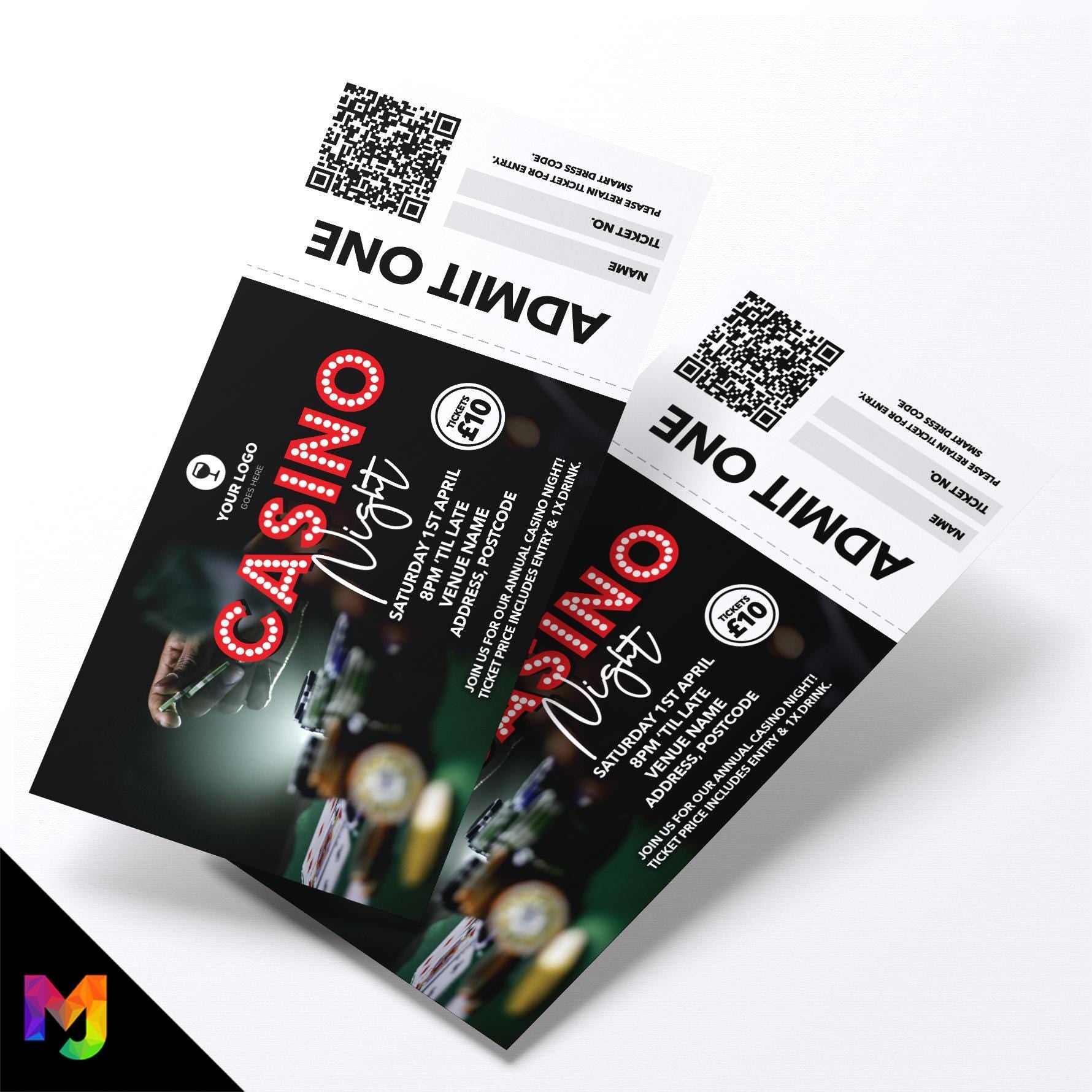 Custom casino night event tickets | Perforated stubs | Gamble casino gambling event pub charity event 3