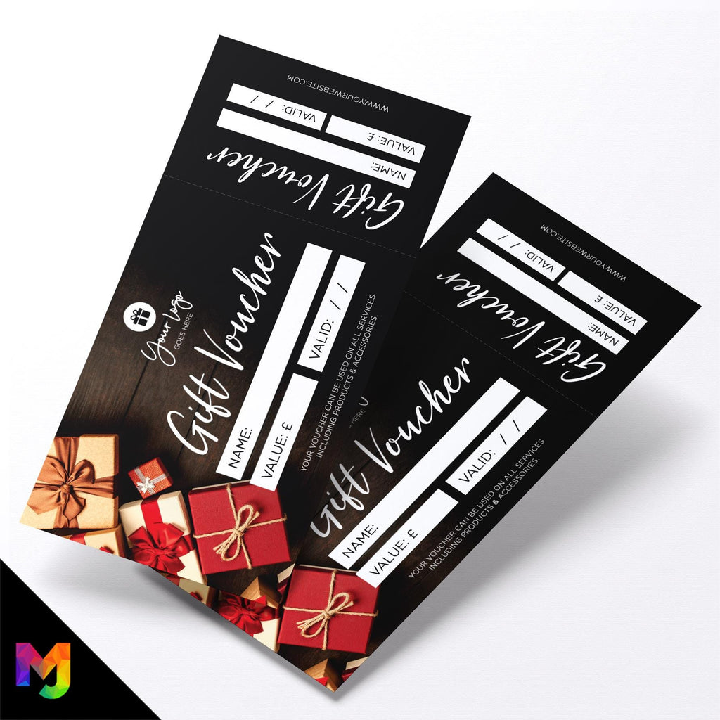 Custom printed gift vouchers | Perforated stubs | Present Gift Box Design Red Silver Gold Black Elegant 3