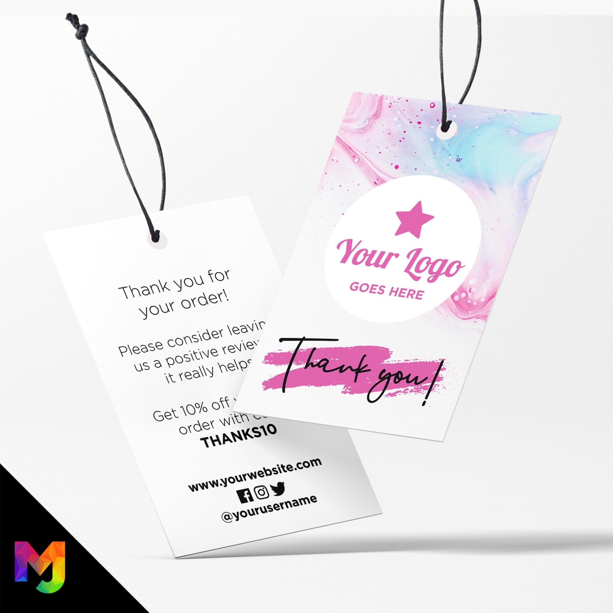 Custom printed thank you swing tags cards | Blue pink wax melt effect style colourful